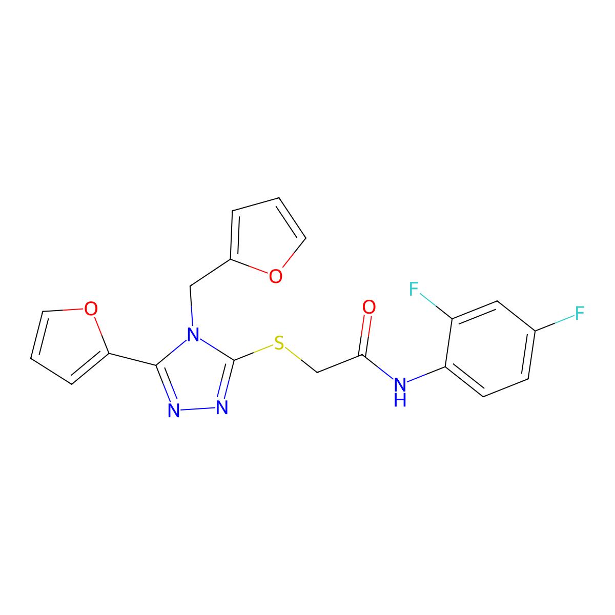 N-(2,4-difluorophenyl)-2-{[5-(furan-2-yl)-4-(furan-2-ylmethyl)-4H-1,2,4-triazol-3-yl]sulfanyl}acetamide molecular structure, CAS 677731-09-8