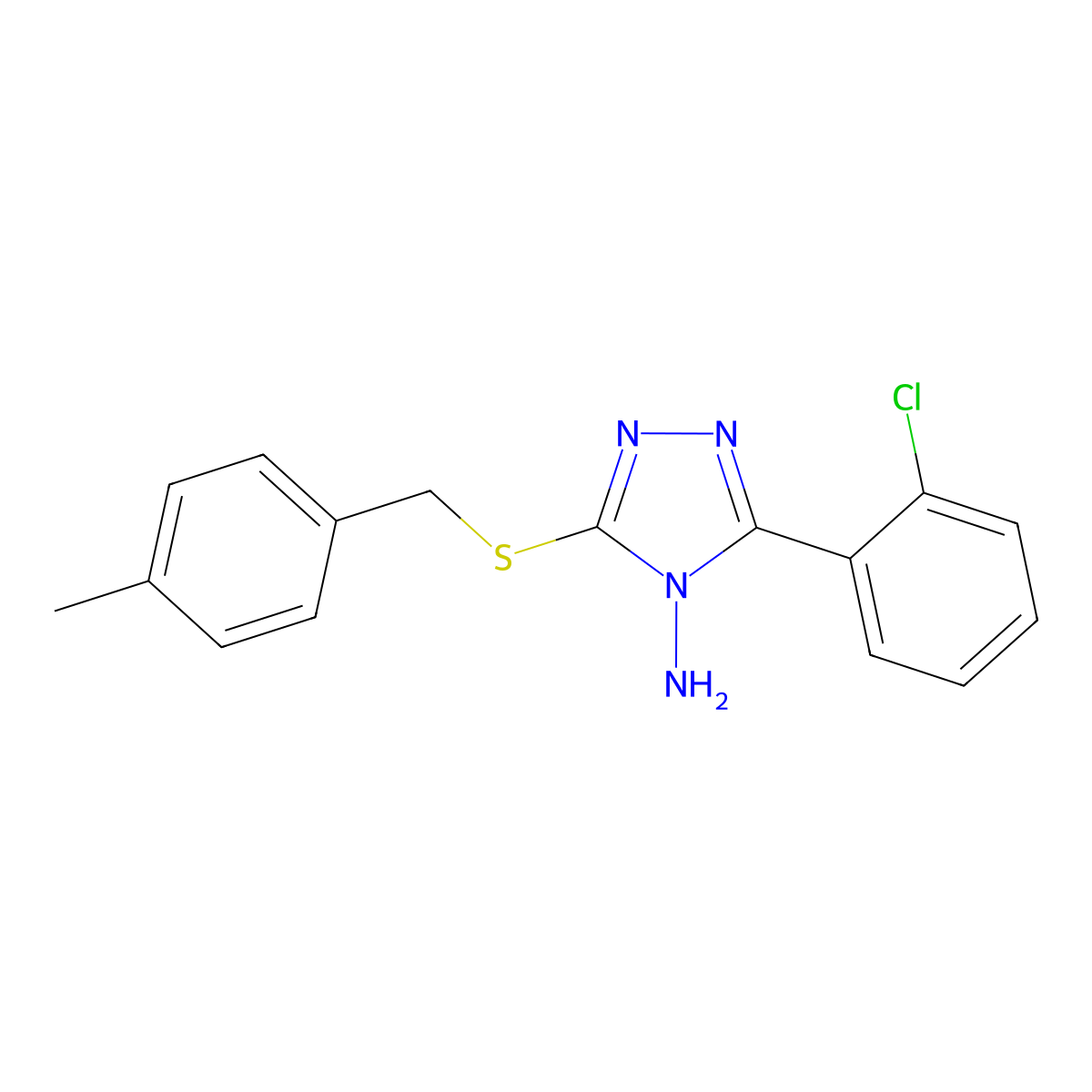 3-(2-Chlorophenyl)-5-[(4-methylphenyl)methylthio]-1,2,4-triazole-4-ylamine molecular structure, CAS 677733-10-7