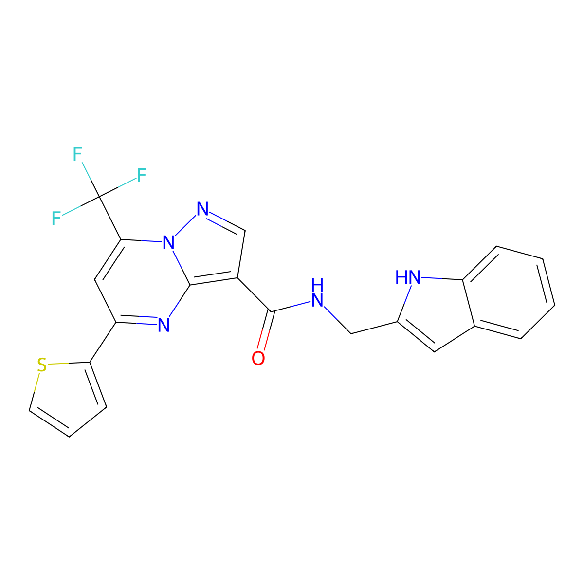 N-(1H-indol-2-ylmethyl)-5-(thiophen-2-yl)-7-(trifluoromethyl)pyrazolo[1,5-a]pyrimidine-3-carboxamide molecular structure, CAS 677733-52-7