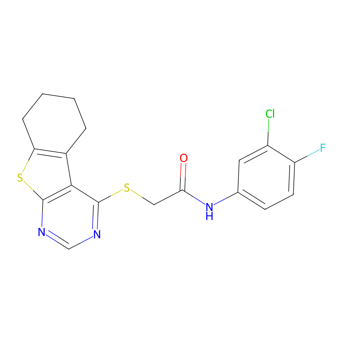 N-(3-chloro-4-fluorophenyl)-2-(5,6,7,8-tetrahydro[1]benzothieno[2,3-d]pyrimidin-4-ylsulfanyl)acetamide molecular structure, CAS 677734-44-0