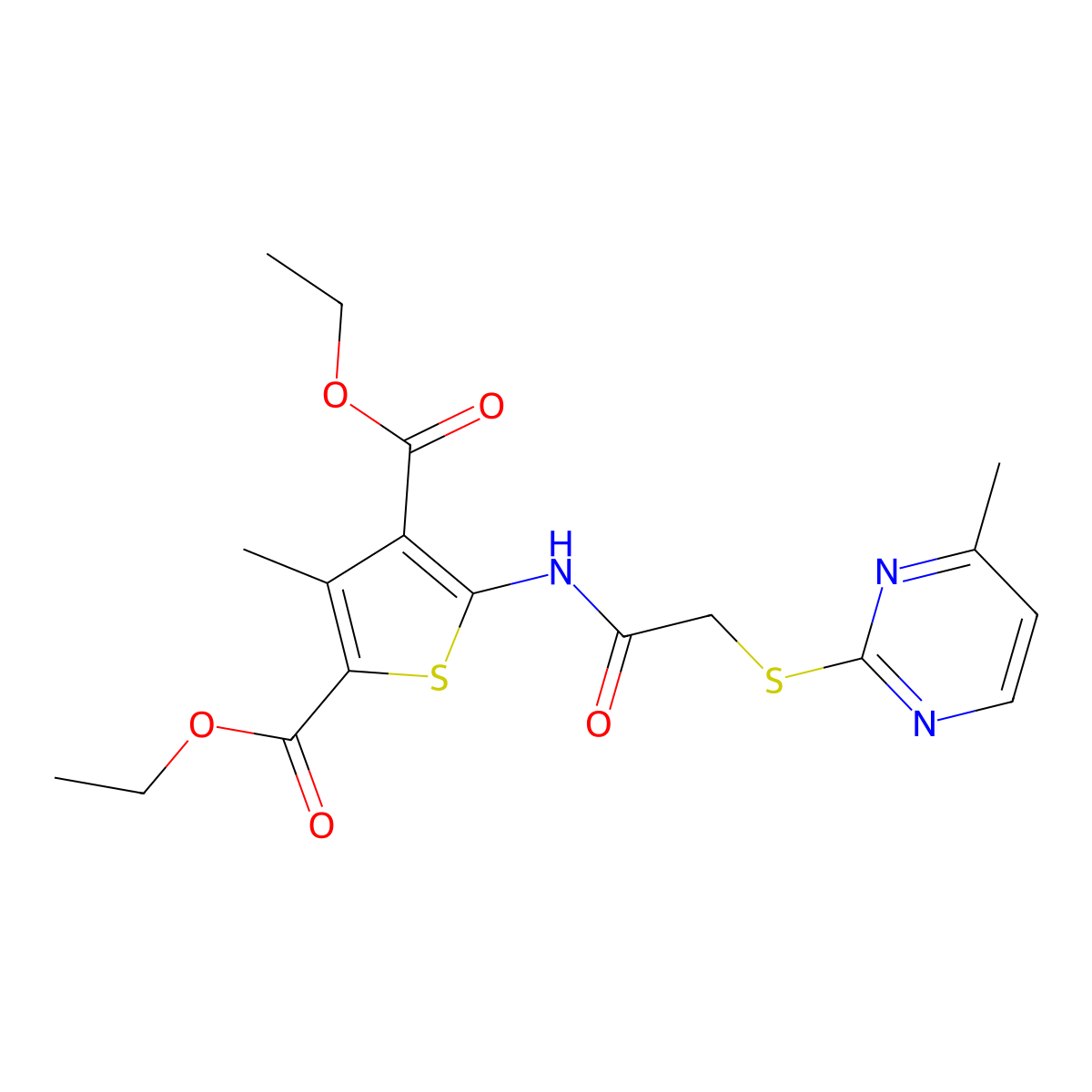 Diethyl3-methyl-5-({[(4-methyl-2-pyrimidinyl)thio]acetyl}amino)-2,4-thiophenedicarboxylate molecular structure, CAS 677735-16-9