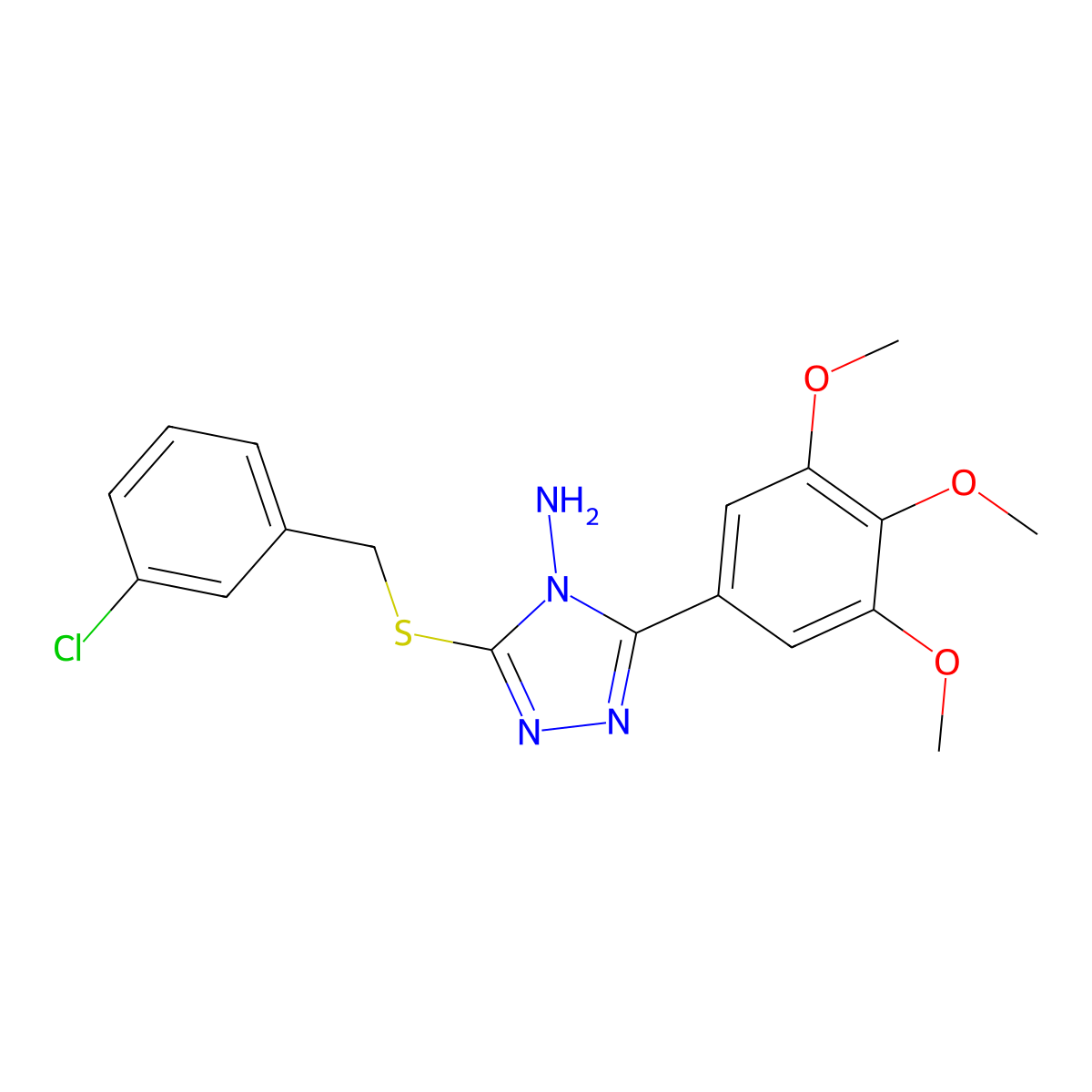 3-[(3-chlorobenzyl)sulfanyl]-5-(3,4,5-trimethoxyphenyl)-4H-1,2,4-triazol-4-amine molecular structure, CAS 677735-70-5