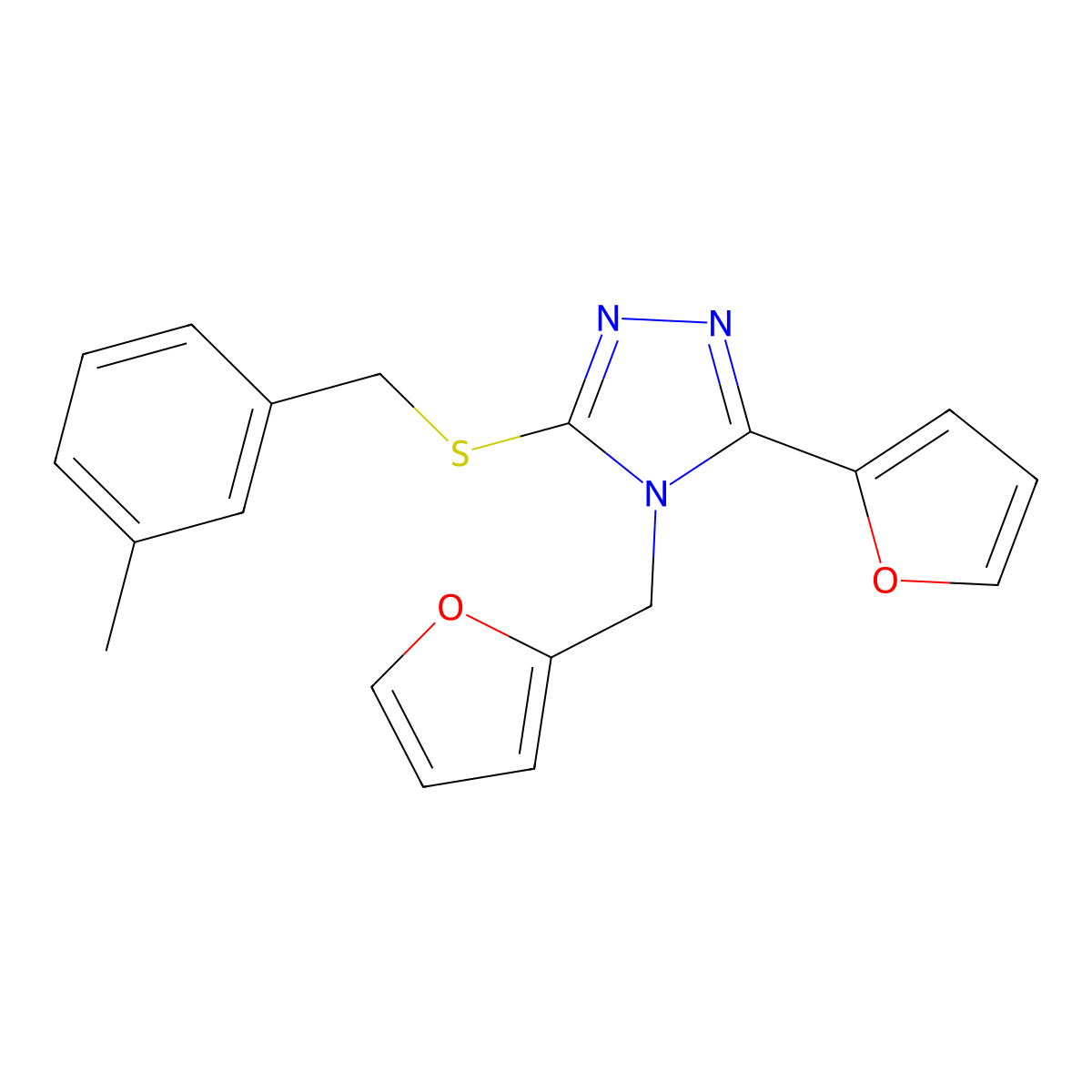 5-(2-Furyl)-4-(2-furylmethyl)-3-[(3-methylphenyl)methylthio]-1,2,4-triazole molecular structure, CAS 677737-88-1