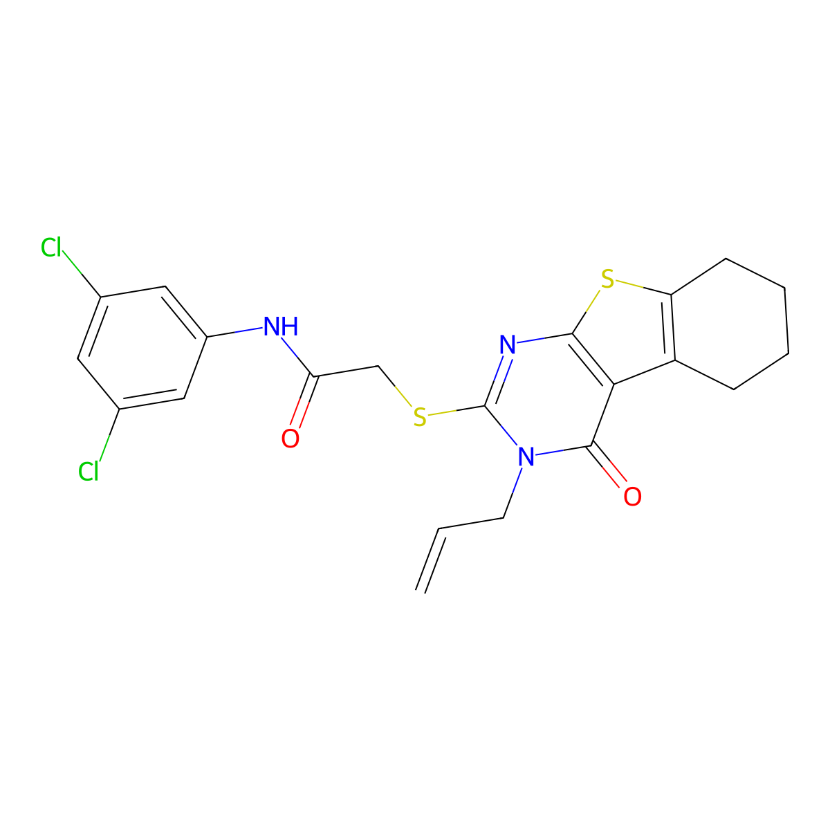 N-(3,5-dichlorophenyl)-2-(4-oxo-3-prop-2-enyl(3,5,6,7,8-pentahydrobenzo[b]thio pheno[2,3-d]pyrimidin-2-ylthio))acetamide molecular structure, CAS 677738-07-7