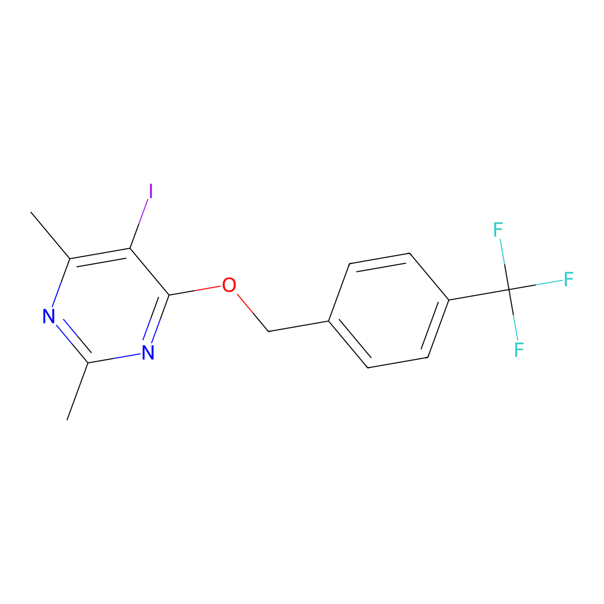 5-Iodo-2,4-dimethyl-6-{[4-(trifluoromethyl)benzyl]oxy}pyrimidine molecular structure, CAS 677749-38-1