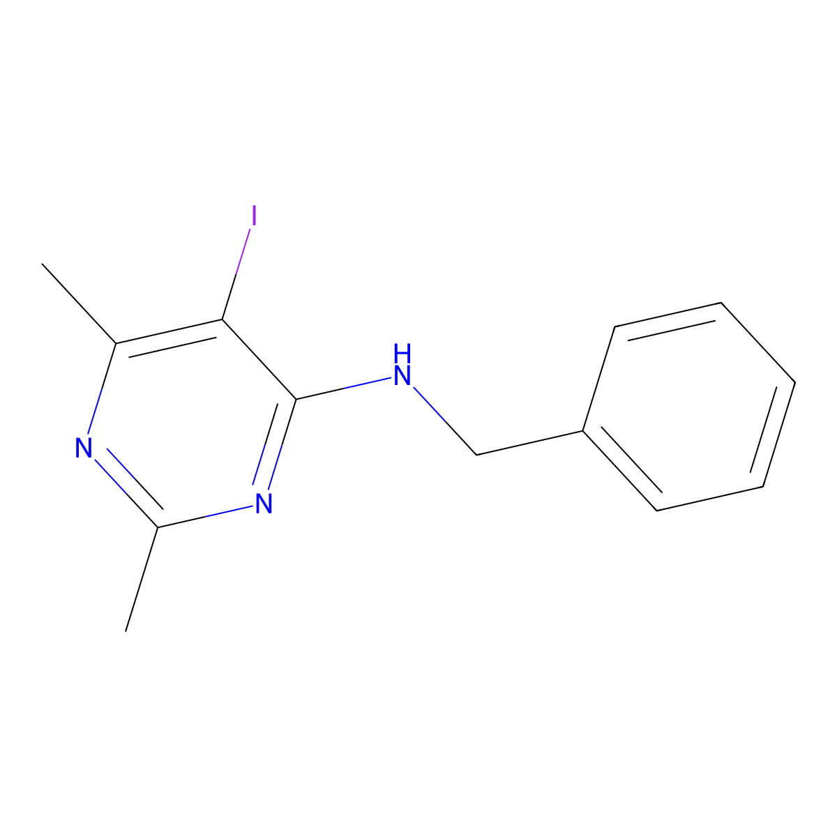 N-benzyl-5-iodo-2,6-dimethylpyrimidin-4-amine molecular structure, CAS 677749-49-4