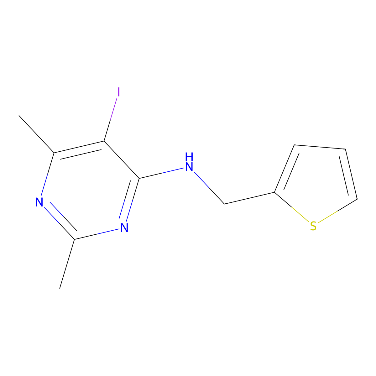 5-iodo-2,6-dimethyl-N-(2-thienylmethyl)-4-pyrimidinamine molecular structure, CAS 677749-62-1