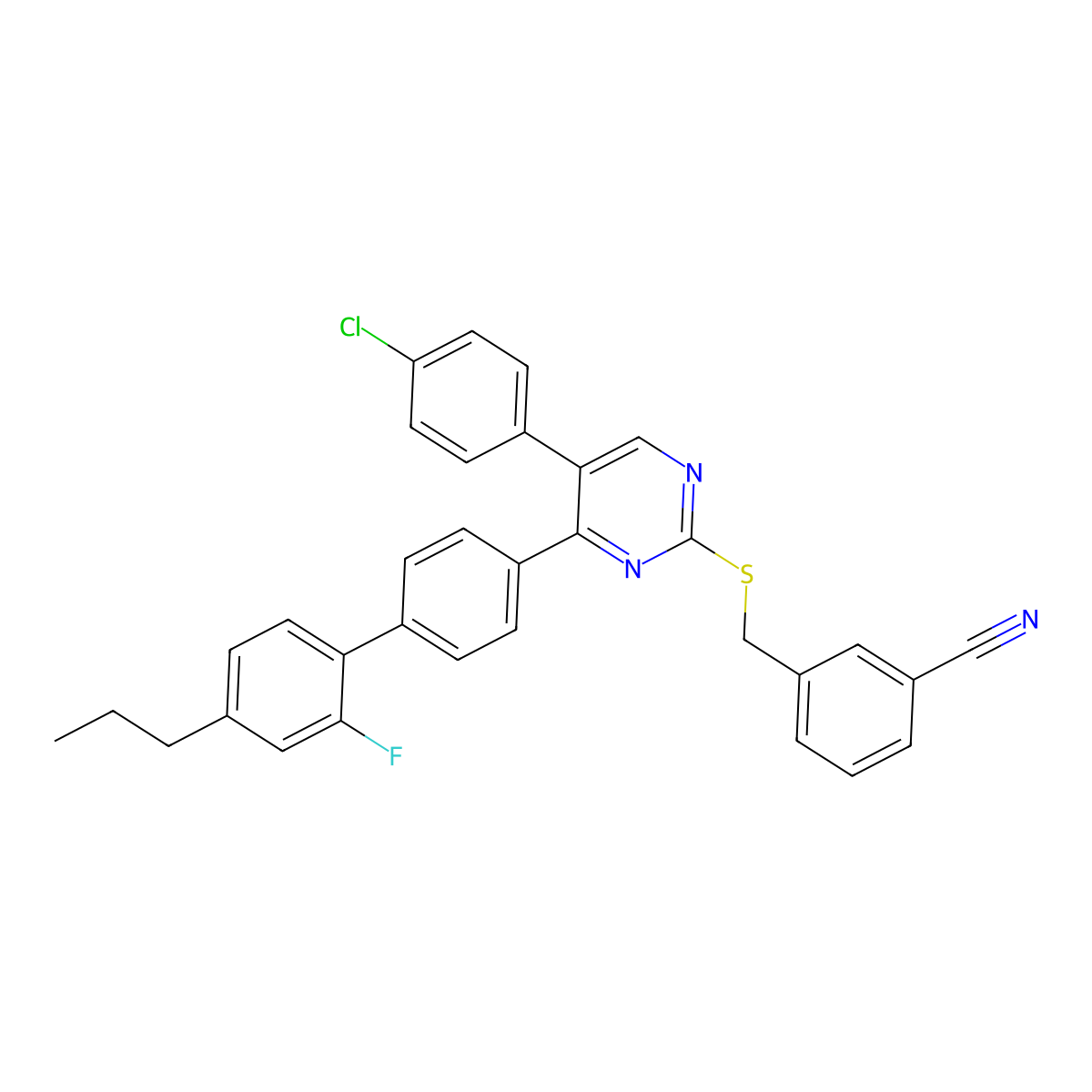 3-({[5-(4-Chlorophenyl)-4-(2'-fluoro-4'-propyl[1,1'-biphenyl]-4-yl)-2-pyrimidinyl]sulfanyl}methyl)benzenecarbonitrile molecular structure, CAS 677749-65-4