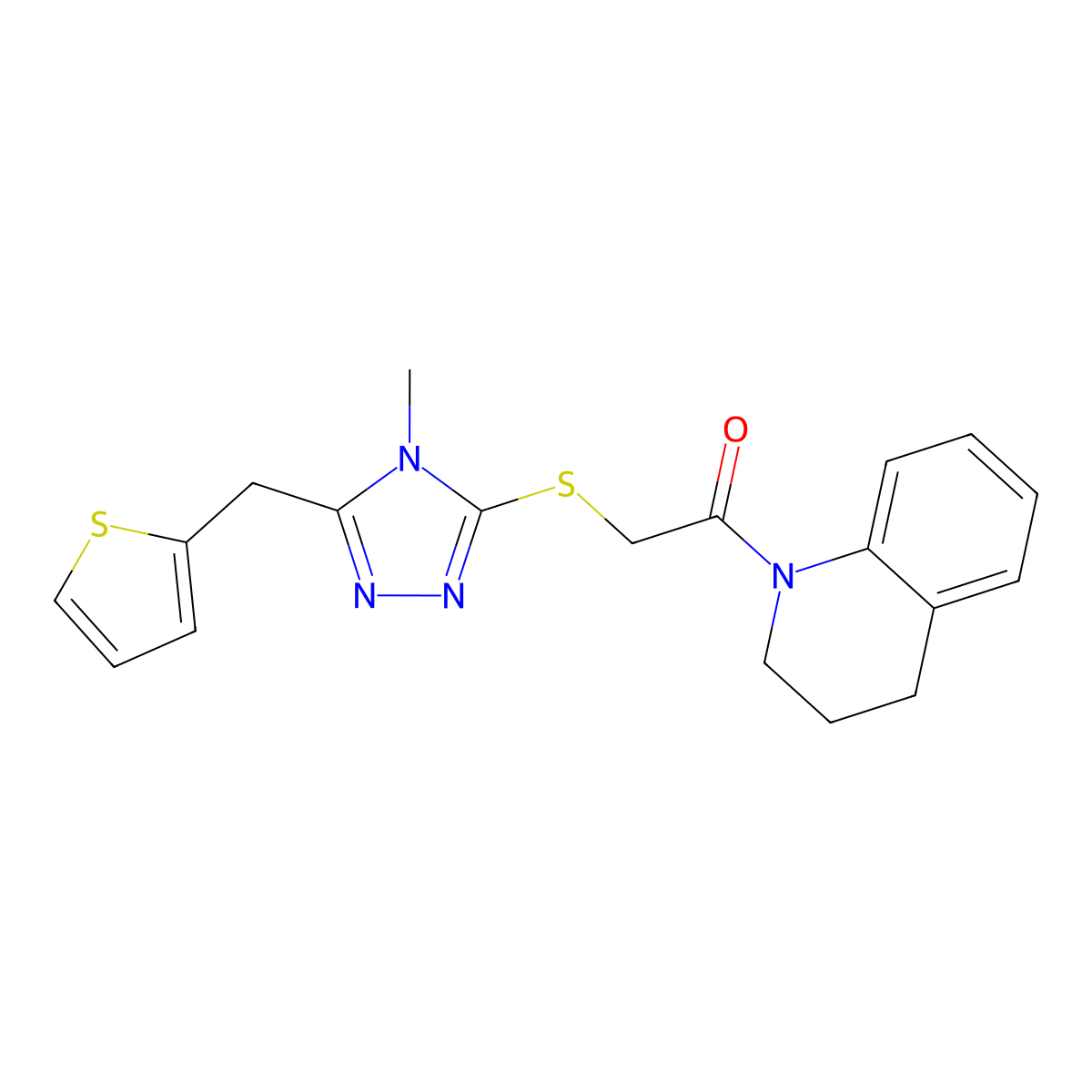 1-(3,4-dihydro-2H-quinolin-1-yl)-2-[[4-methyl-5-(thiophen-2-ylmethyl)-1,2,4-triazol-3-yl]sulfanyl]ethanone molecular structure, CAS 677753-62-7