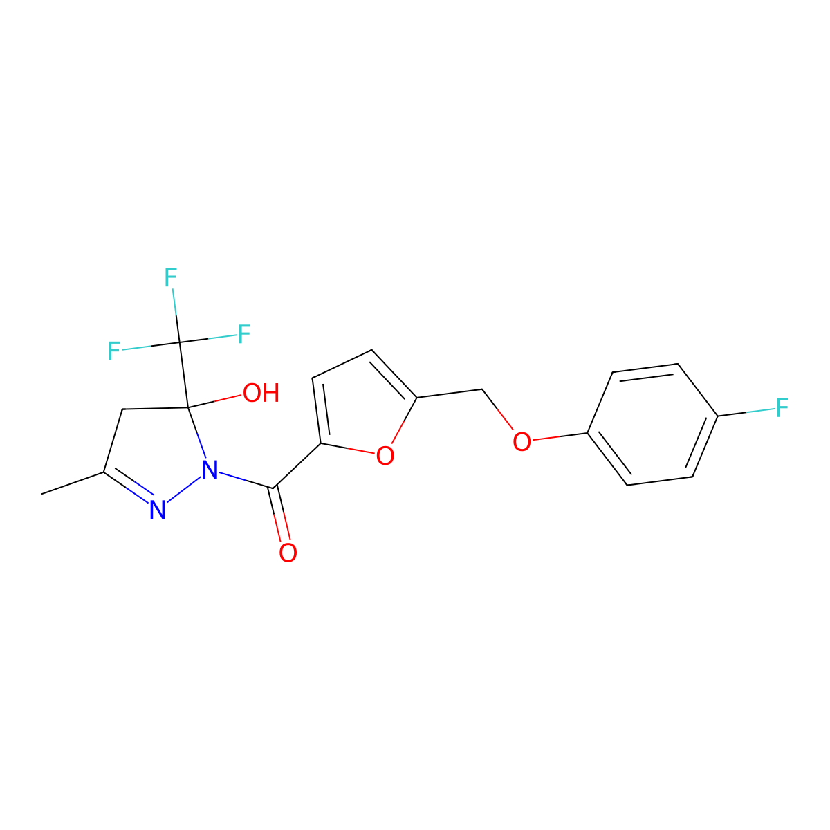 1-{5-[(4-fluorophenoxy)methyl]-2-furoyl}-3-methyl-5-(trifluoromethyl)-4,5-dihydro-1H-pyrazol-5-ol molecular structure, CAS 677754-40-4