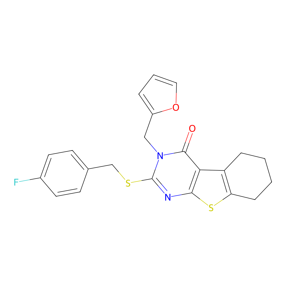 2-[(4-fluorobenzyl)sulfanyl]-3-(furan-2-ylmethyl)-5,6,7,8-tetrahydro[1]benzothieno[2,3-d]pyrimidin-4(3H)-one molecular structure, CAS 677754-53-9