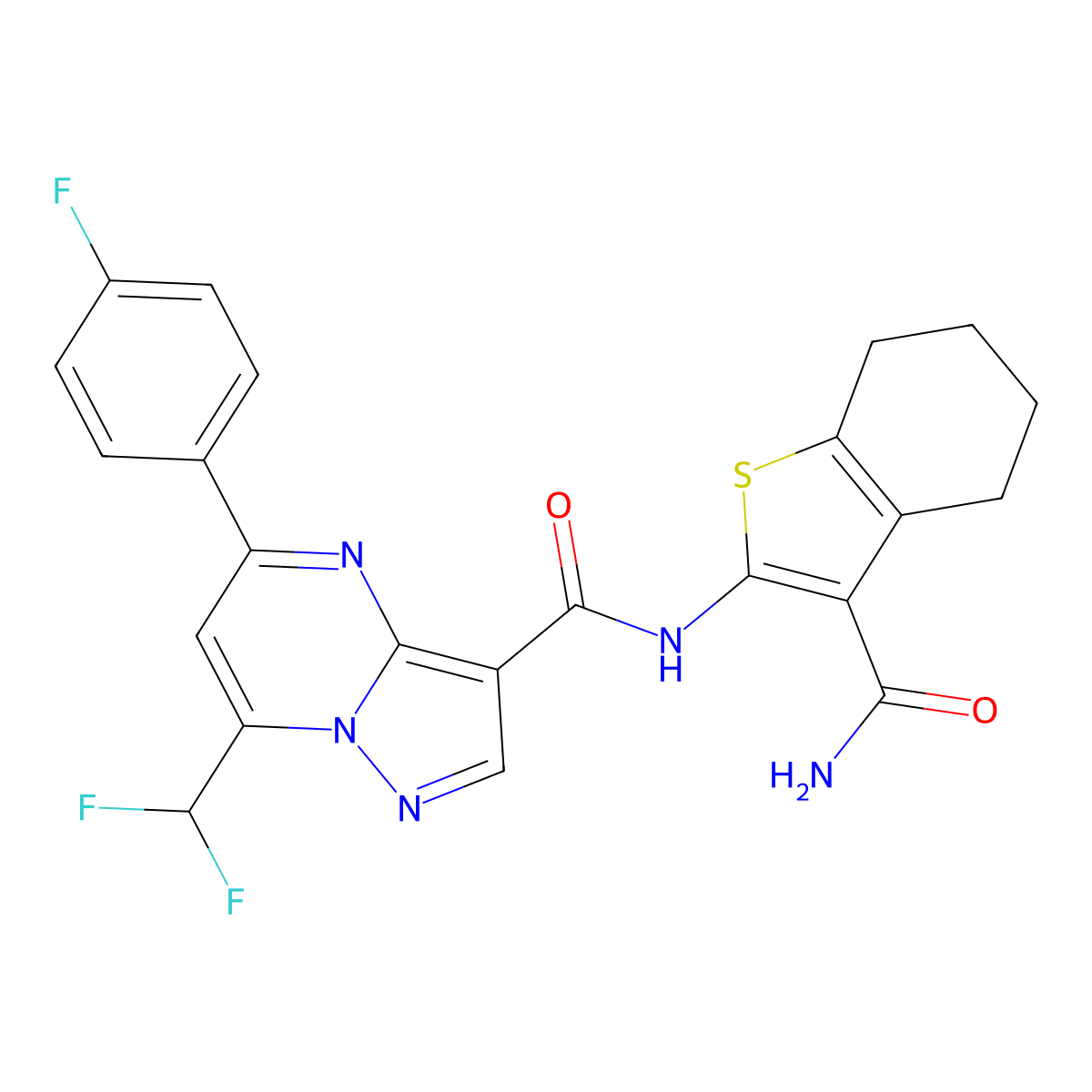 N-(3-carbamoyl-4,5,6,7-tetrahydro-1-benzothiophen-2-yl)-7-(difluoromethyl)-5-(4-fluorophenyl)pyrazolo[1,5-a]pyrimidine-3-carboxamide molecular structure, CAS 677757-13-0