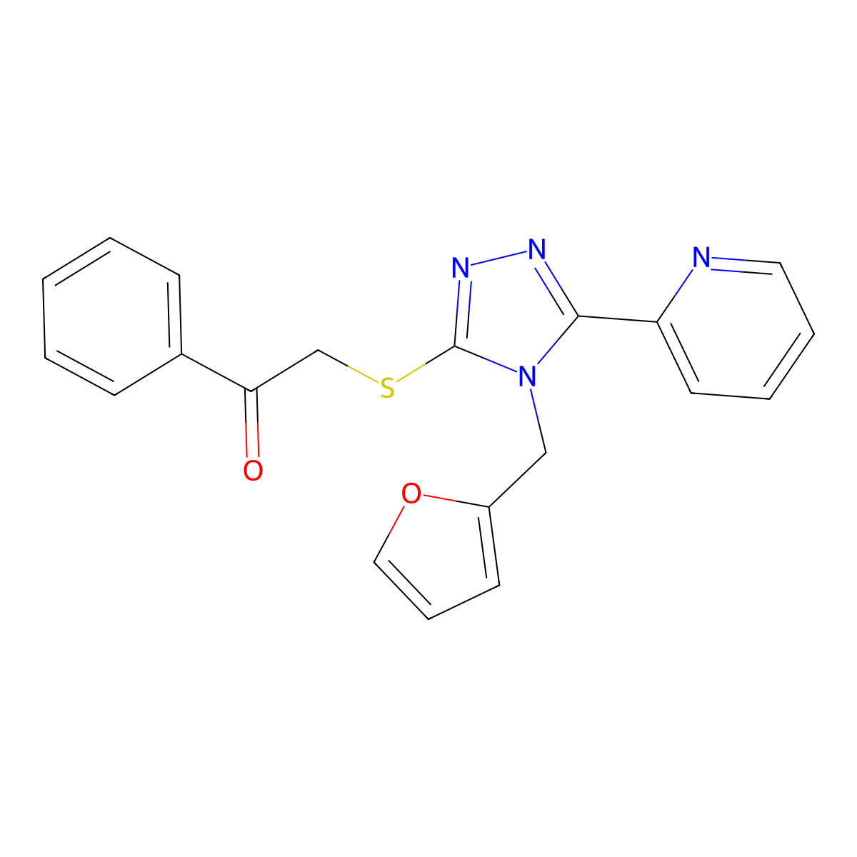 2-{[4-(furan-2-ylmethyl)-5-(pyridin-2-yl)-4H-1,2,4-triazol-3-yl]sulfanyl}-1-phenylethanone molecular structure, CAS 677758-89-3