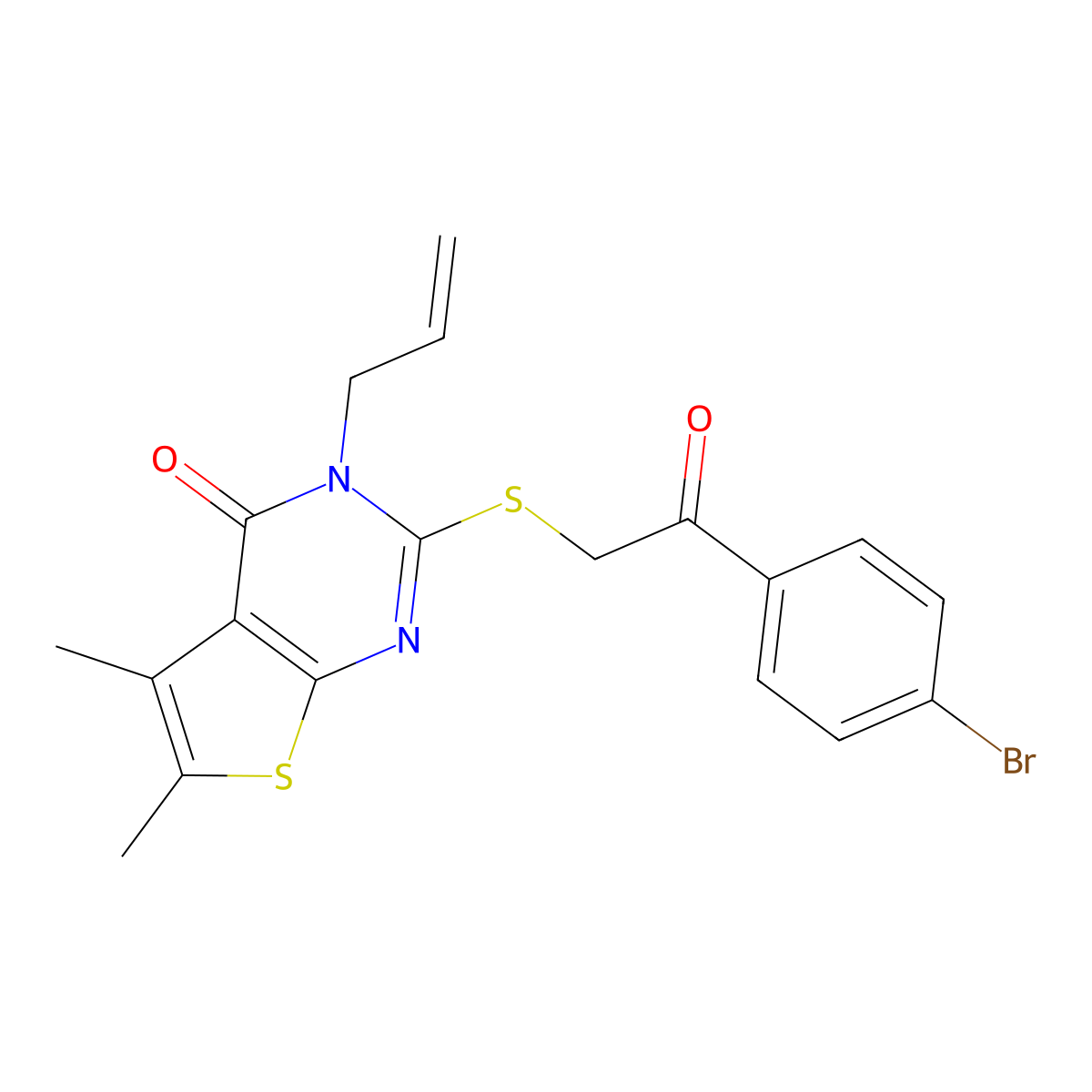 2-{[2-(4-bromophenyl)-2-oxoethyl]sulfanyl}-5,6-dimethyl-3-(prop-2-en-1-yl)thieno[2,3-d]pyrimidin-4(3H)-one molecular structure, CAS 677759-80-7