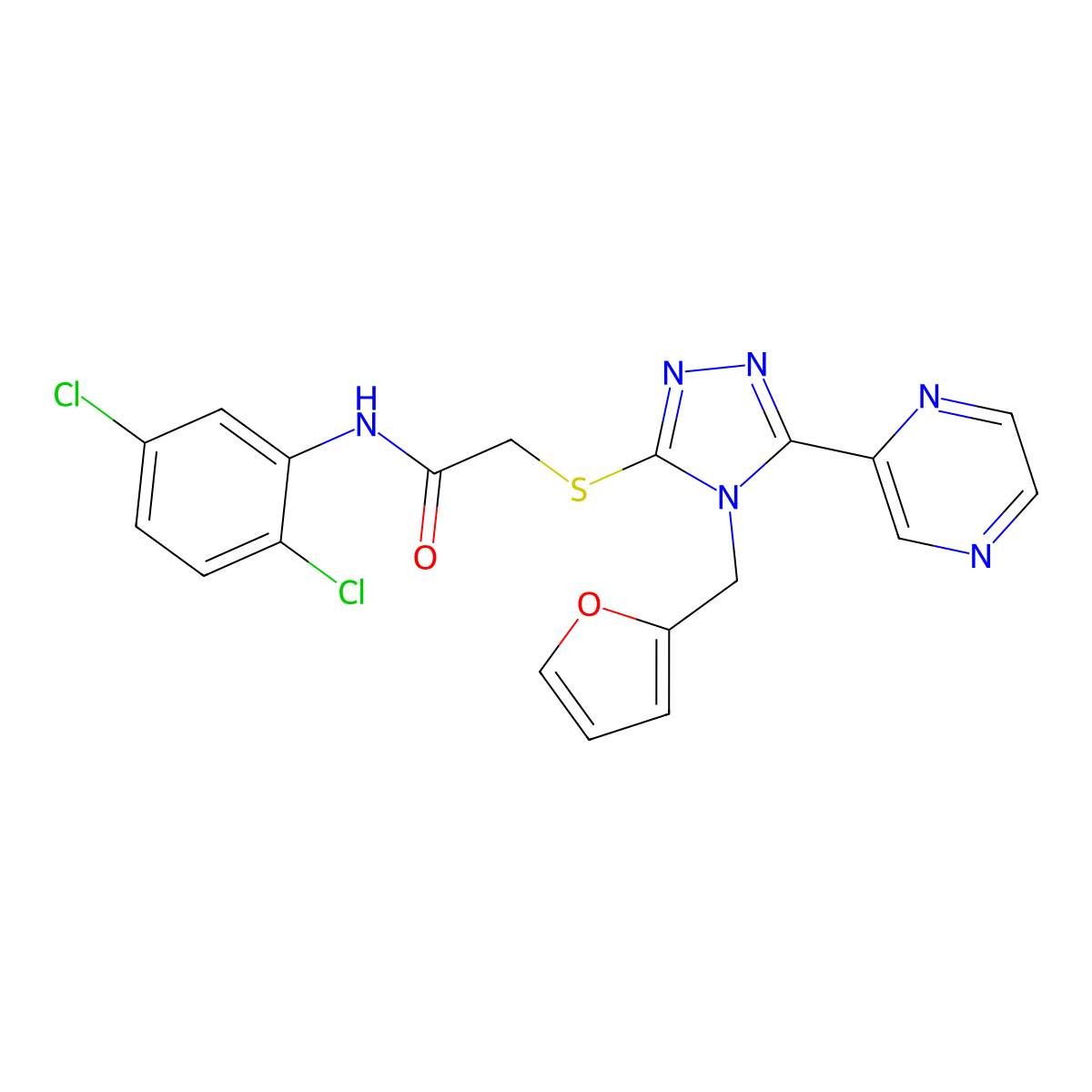 N-(2,5-dichlorophenyl)-2-{[4-(furan-2-ylmethyl)-5-(pyrazin-2-yl)-4H-1,2,4-triazol-3-yl]sulfanyl}acetamide molecular structure, CAS 677760-28-0