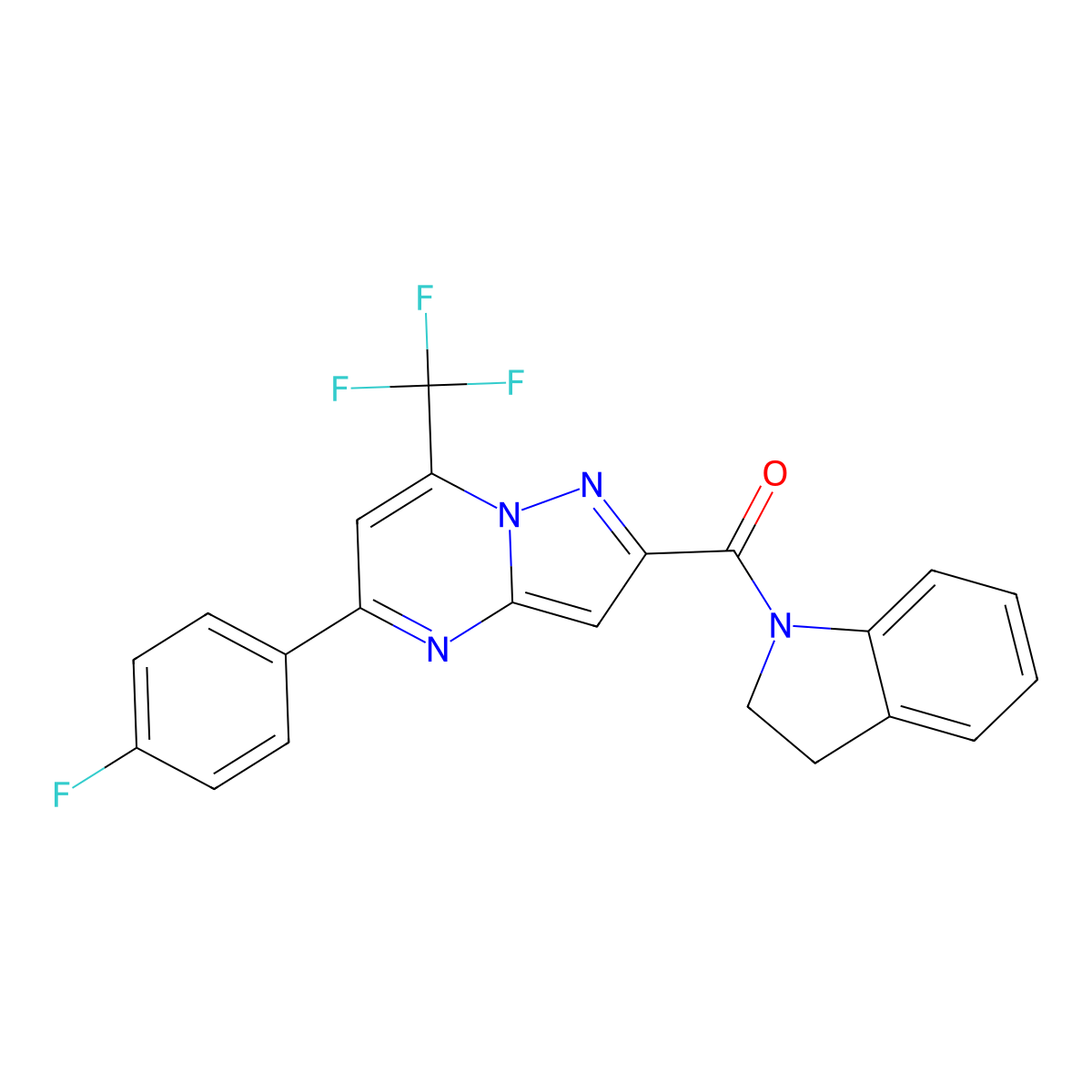 2,3-Dihydroindol-1-yl-[5-(4-fluorophenyl)-7-(trifluoromethyl)pyrazolo[1,5-a]pyrimidin-2-yl]methanone molecular structure, CAS 677760-79-1