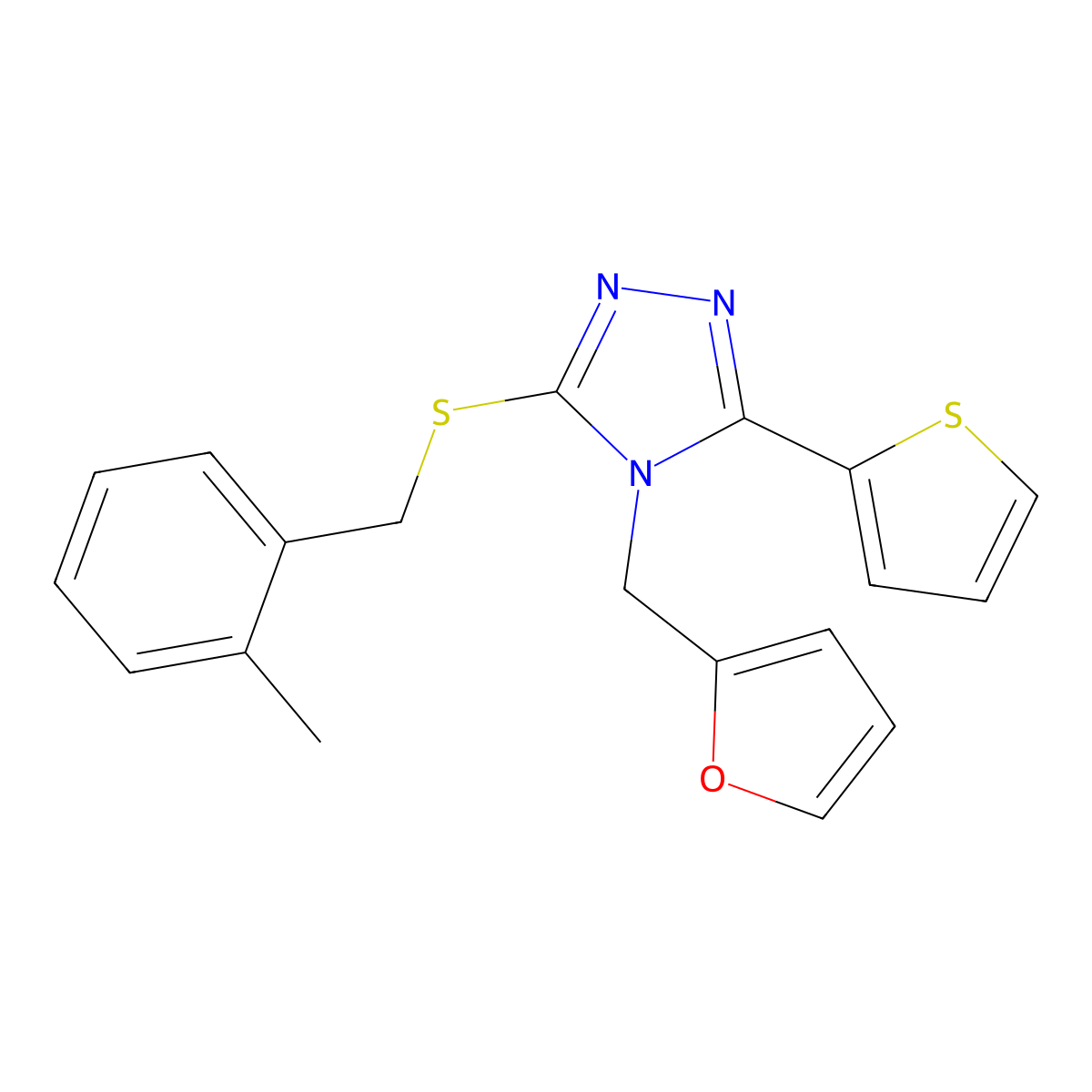 4-Furan-2-ylmethyl-3-(2-methyl-benzylsulfanyl)-5-thiophen-2-yl-4H-[1,2,4]triazole molecular structure, CAS 677764-62-4