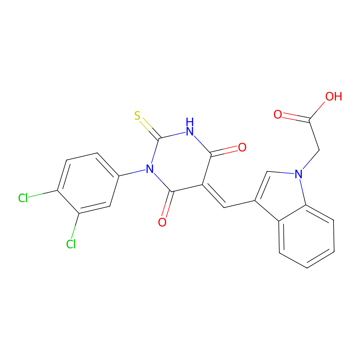 3-[[1-(3,4-Dichlorophenyl)tetrahydro-4,6-dioxo-2-thioxo-5(2H)-pyrimidinylidene]methyl]-1H-indole-1-acetic acid molecular structure, CAS 677764-91-9