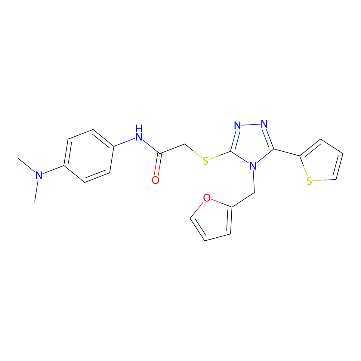 N-[4-(dimethylamino)phenyl]-2-{[4-(furan-2-ylmethyl)-5-(thiophen-2-yl)-4H-1,2,4-triazol-3-yl]sulfanyl}acetamide molecular structure, CAS 677766-97-1