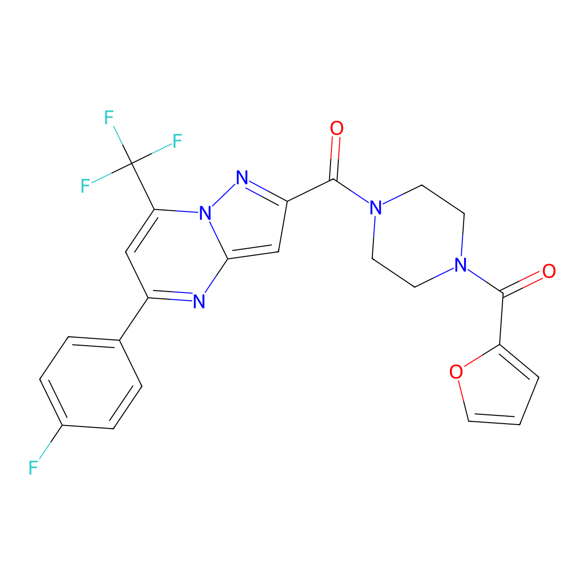[4-[5-(4-Fluorophenyl)-7-(trifluoromethyl)pyrazolo[1,5-a]pyrimidine-2-carbonyl]piperazin-1-yl]-(furan-2-yl)methanone molecular structure, CAS 677766-99-3
