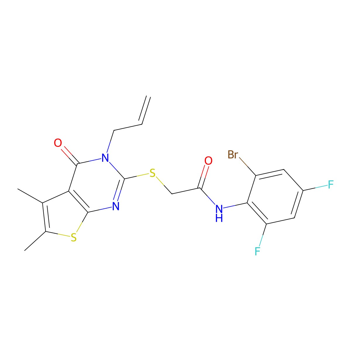 2-((3-allyl-5,6-dimethyl-4-oxo-3,4-dihydrothieno[2,3-d]pyrimidin-2-yl)thio)-N-(2-bromo-4,6-difluorophenyl)acetamide molecular structure, CAS 677767-65-6