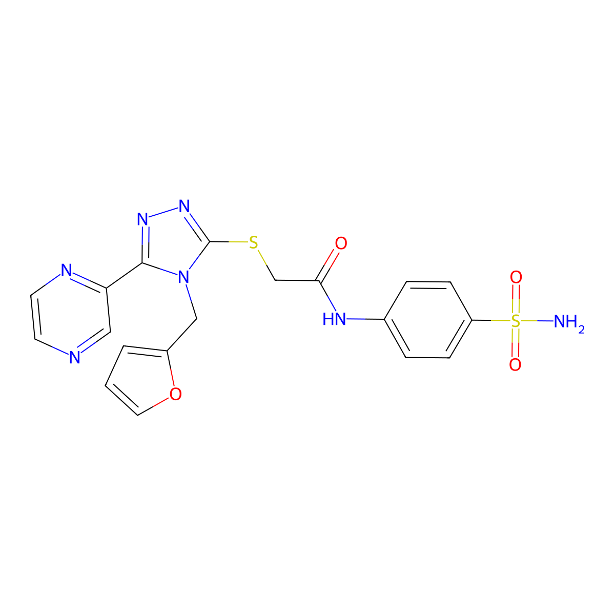 2-{[4-(furan-2-ylmethyl)-5-(pyrazin-2-yl)-4H-1,2,4-triazol-3-yl]sulfanyl}-N-(4-sulfamoylphenyl)acetamide molecular structure, CAS 677768-57-9