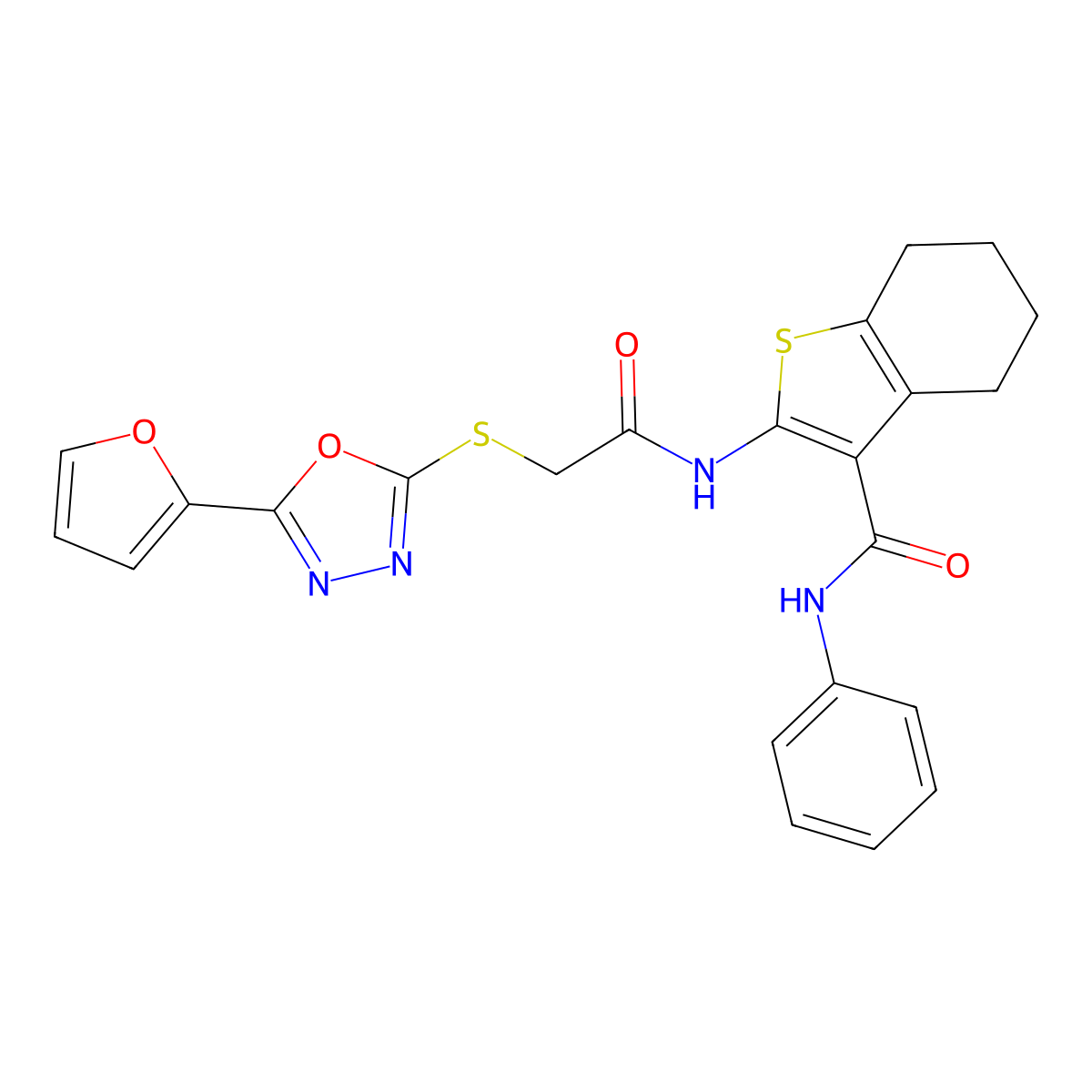 2-[[2-[[5-(furan-2-yl)-1,3,4-oxadiazol-2-yl]sulfanyl]acetyl]amino]-N-phenyl-4,5,6,7-tetrahydro-1-benzothiophene-3-carboxamide molecular structure, CAS 677769-60-7
