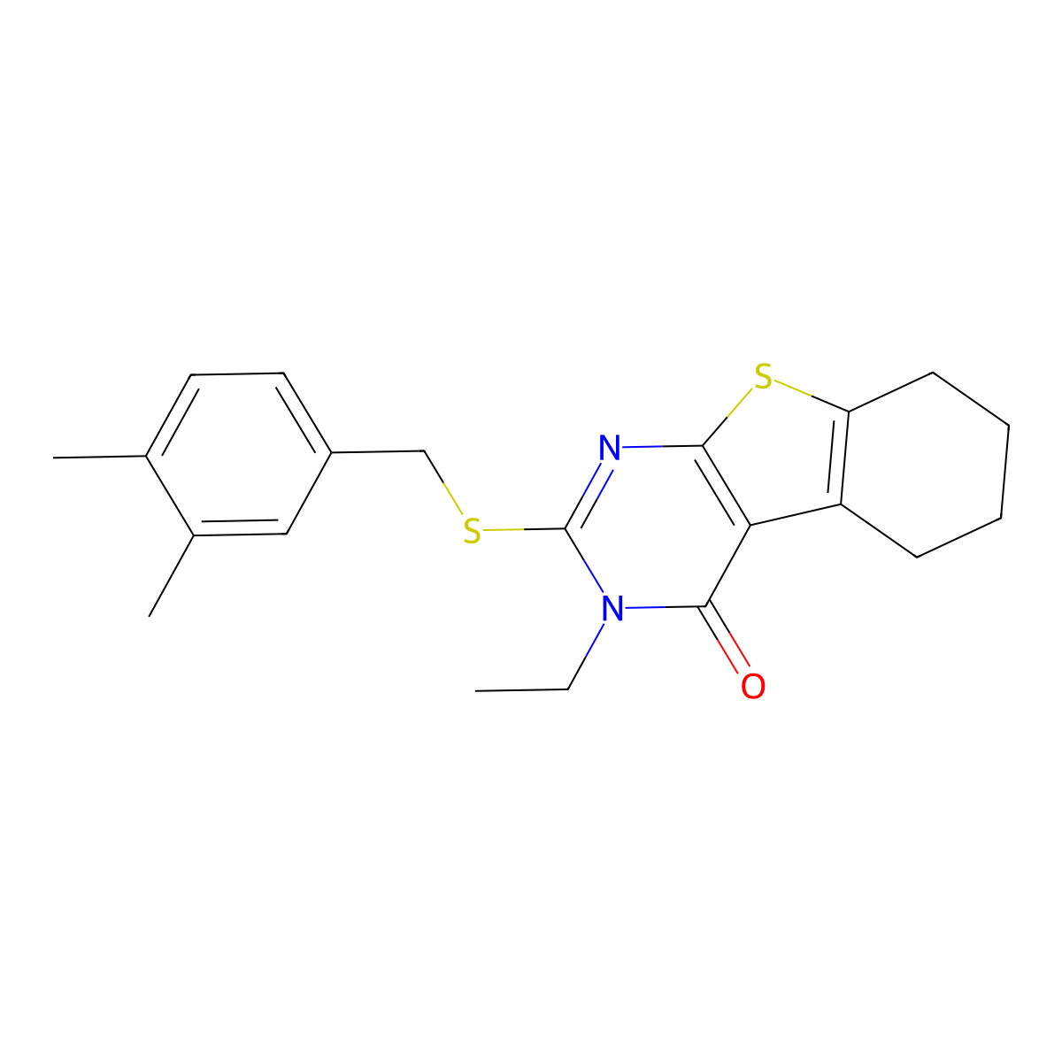 2-[(3,4-dimethylbenzyl)sulfanyl]-3-ethyl-5,6,7,8-tetrahydro[1]benzothieno[2,3-d]pyrimidin-4(3H)-one molecular structure, CAS 677772-09-7