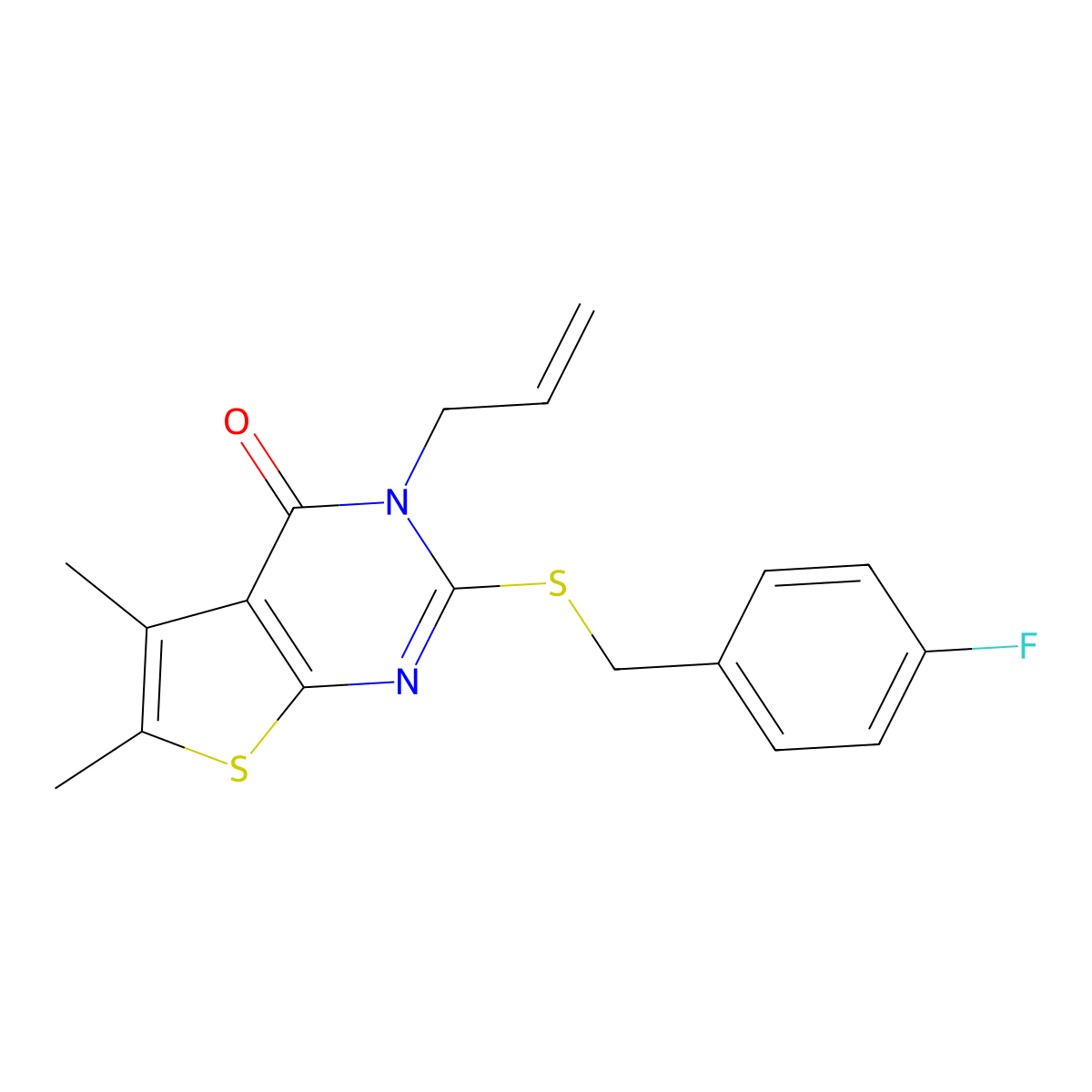 2-[(4-fluorobenzyl)sulfanyl]-5,6-dimethyl-3-(prop-2-en-1-yl)thieno[2,3-d]pyrimidin-4(3H)-one molecular structure, CAS 677779-59-8