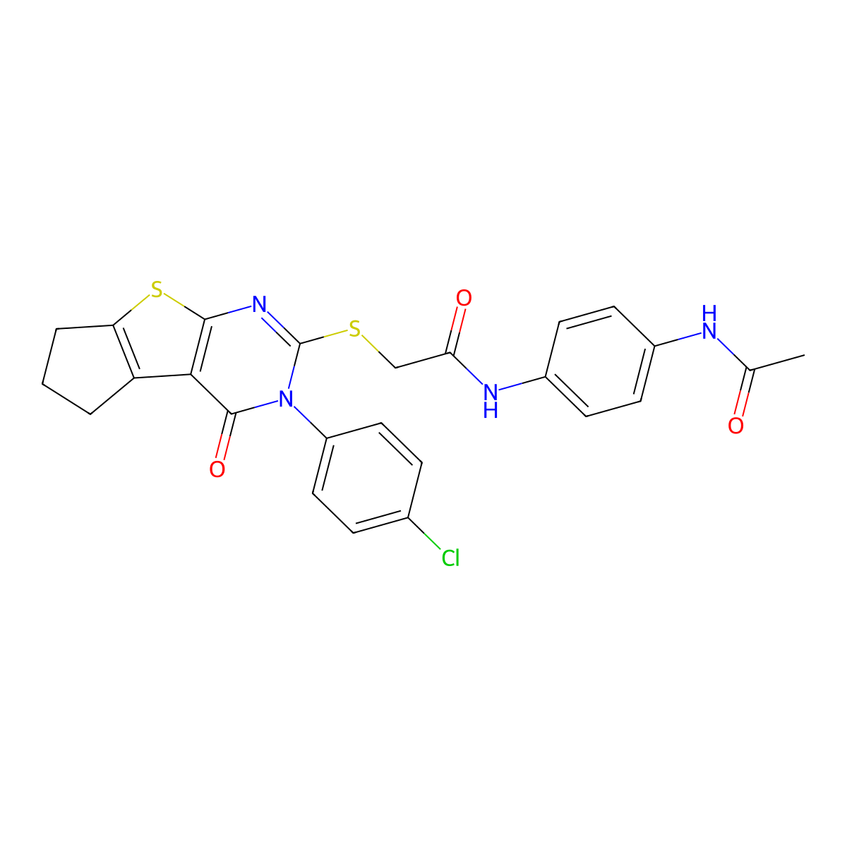 N-[4-(acetylamino)phenyl]-2-{[3-(4-chlorophenyl)-4-oxo-3,5,6,7-tetrahydro-4H-cyclopenta[4,5]thieno[2,3-d]pyrimidin-2-yl]sulfanyl}acetamide molecular structure, CAS 677779-98-5
