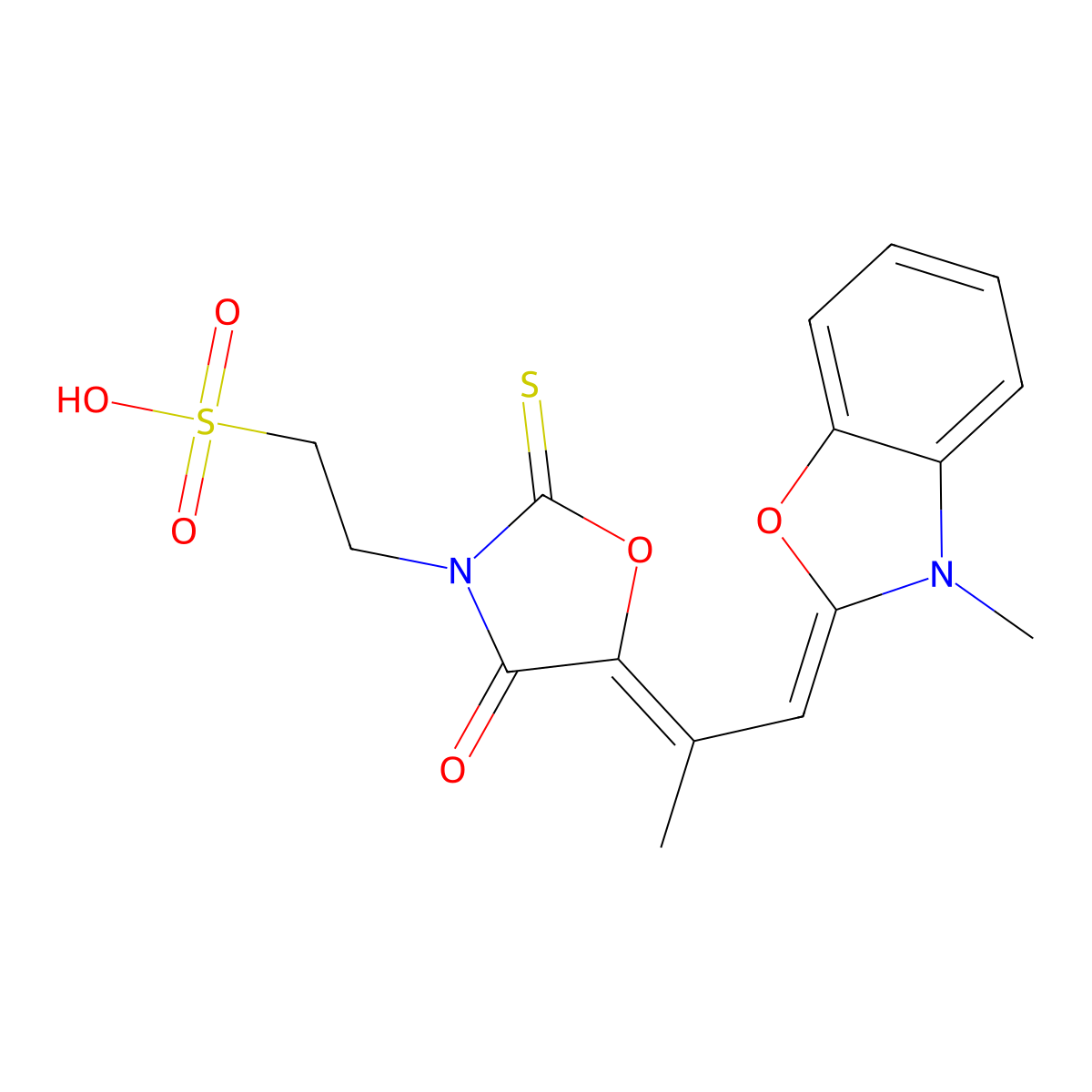 3-Oxazolidineethanesulfonic acid, 5-[1-methyl-2-(3-methyl-2(3H)-benzoxazolylidene)ethylidene]-4-oxo-2-thioxo- molecular structure, CAS 67801-09-6