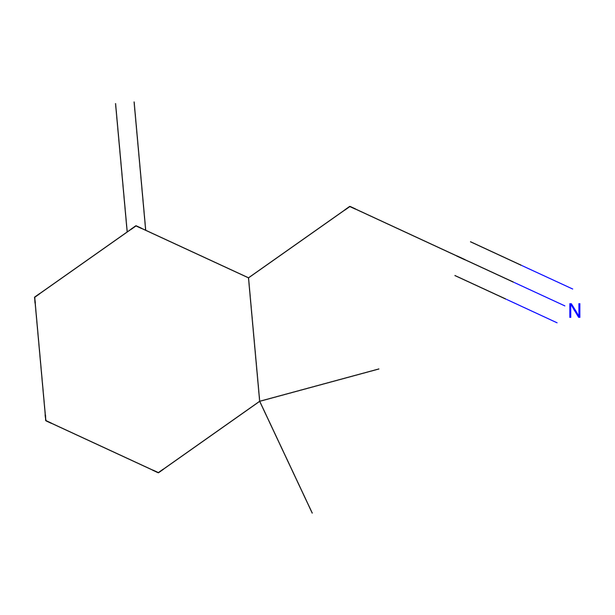 Cyclohexaneacetonitrile, 2,2-dimethyl-6-methylene- molecular structure, CAS 67801-22-3
