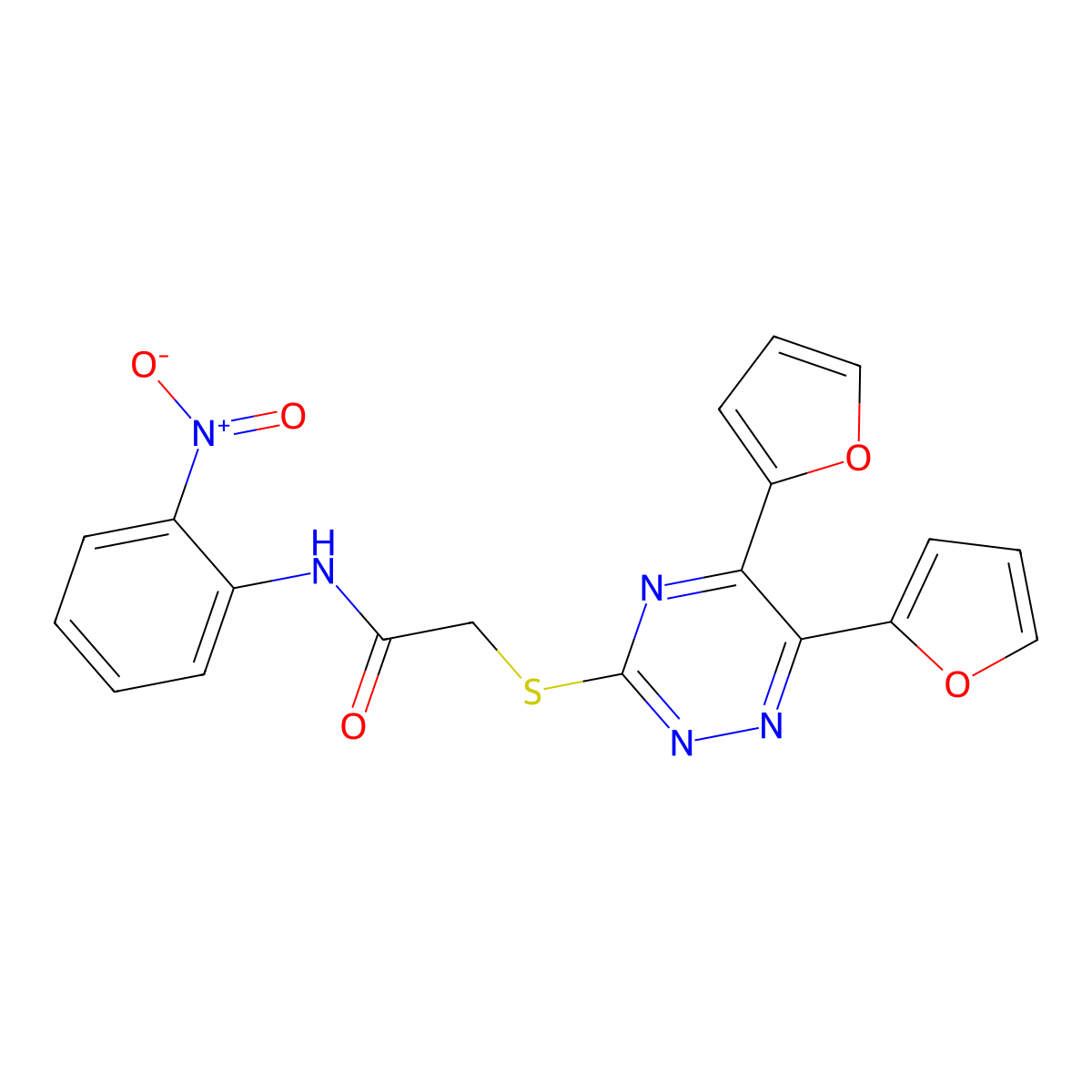 2-[[5,6-bis(furan-2-yl)-1,2,4-triazin-3-yl]sulfanyl]-N-(2-nitrophenyl)acetamide molecular structure, CAS 678147-03-0