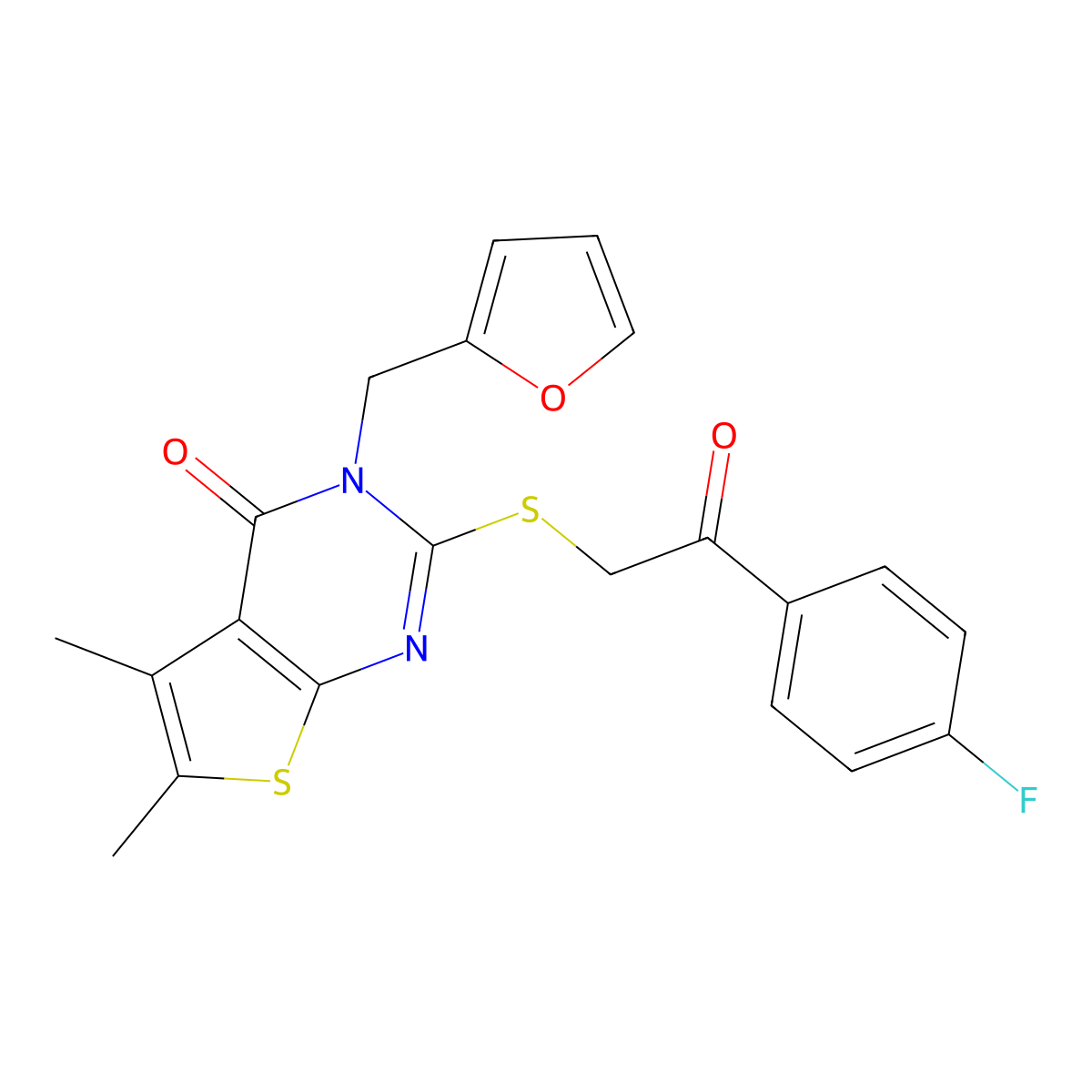 2-[2-(4-Fluorophenyl)-2-oxoethyl]sulfanyl-3-(furan-2-ylmethyl)-5,6-dimethylthieno[2,3-d]pyrimidin-4-one molecular structure, CAS 678147-11-0