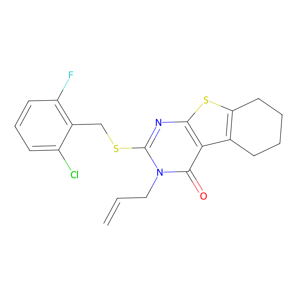 2-[(2-chloro-6-fluorobenzyl)sulfanyl]-3-(prop-2-en-1-yl)-5,6,7,8-tetrahydro[1]benzothieno[2,3-d]pyrimidin-4(3H)-one molecular structure, CAS 678147-25-6