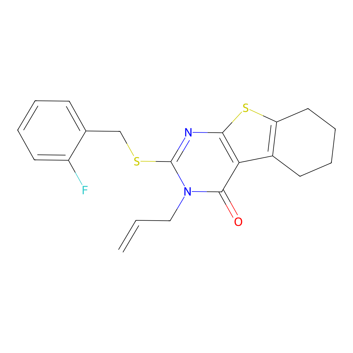 3-allyl-2-[(2-fluorobenzyl)sulfanyl]-5,6,7,8-tetrahydro[1]benzothieno[2,3-d]pyrimidin-4(3H)-one molecular structure, CAS 678147-64-3