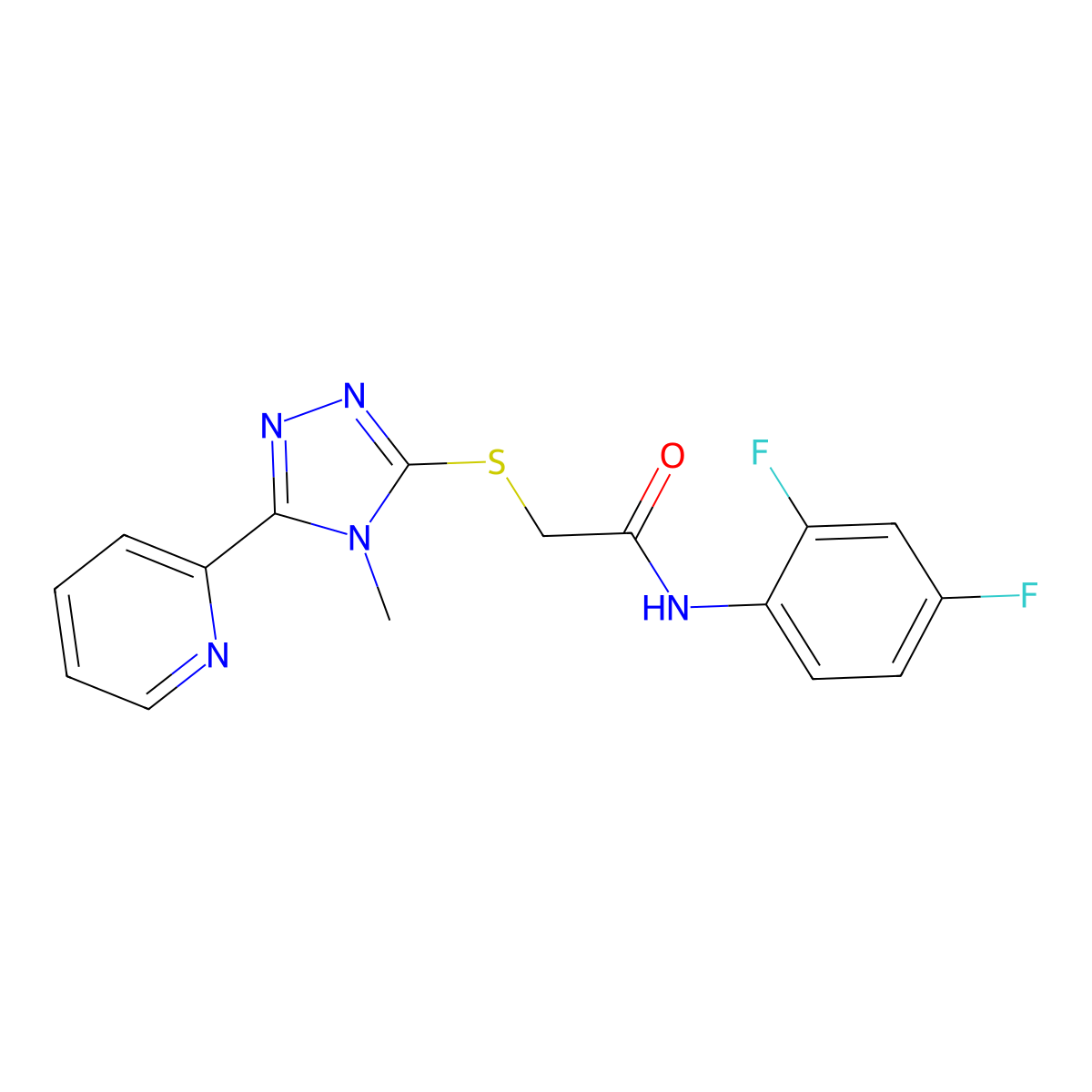 N-(2,4-difluorophenyl)-2-{[4-methyl-5-(pyridin-2-yl)-4H-1,2,4-triazol-3-yl]sulfanyl}acetamide molecular structure, CAS 678150-90-8