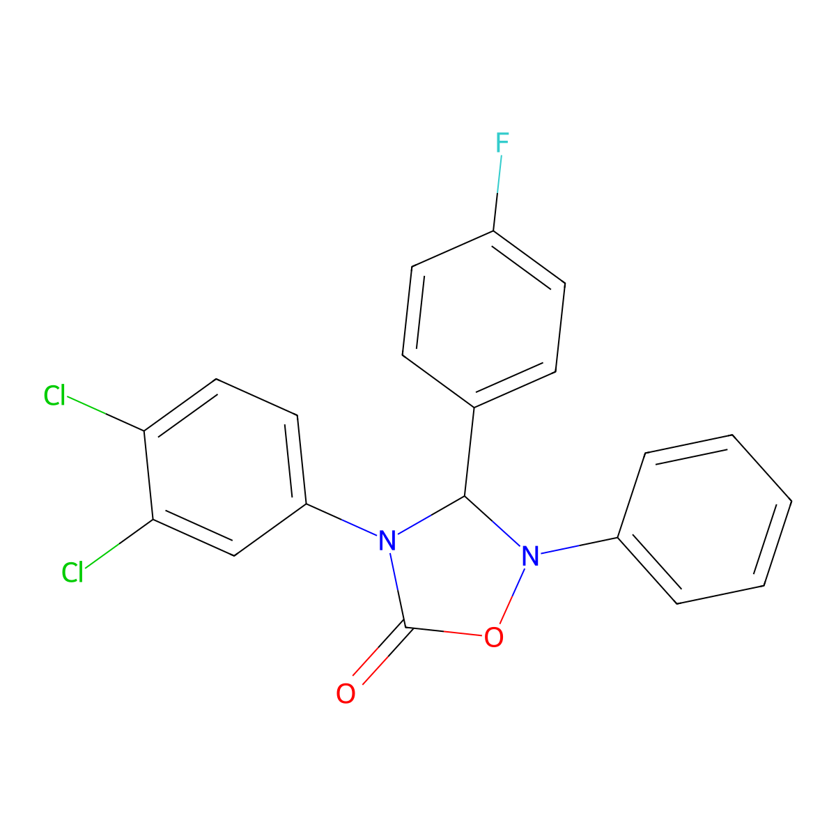 4-(3,4-Dichlorophenyl)-3-(4-fluorophenyl)-2-phenyl-1,2,4-oxadiazolidin-5-one molecular structure, CAS 678151-65-0