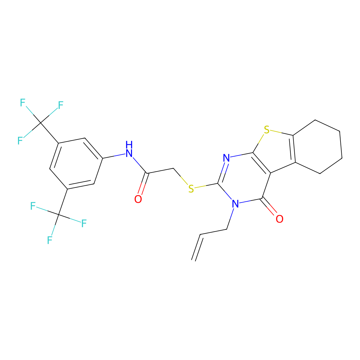 N-[3,5-bis(trifluoromethyl)phenyl]-2-{[4-oxo-3-(prop-2-en-1-yl)-3,4,5,6,7,8-hexahydro[1]benzothieno[2,3-d]pyrimidin-2-yl]sulfanyl}acetamide molecular structure, CAS 678151-92-3