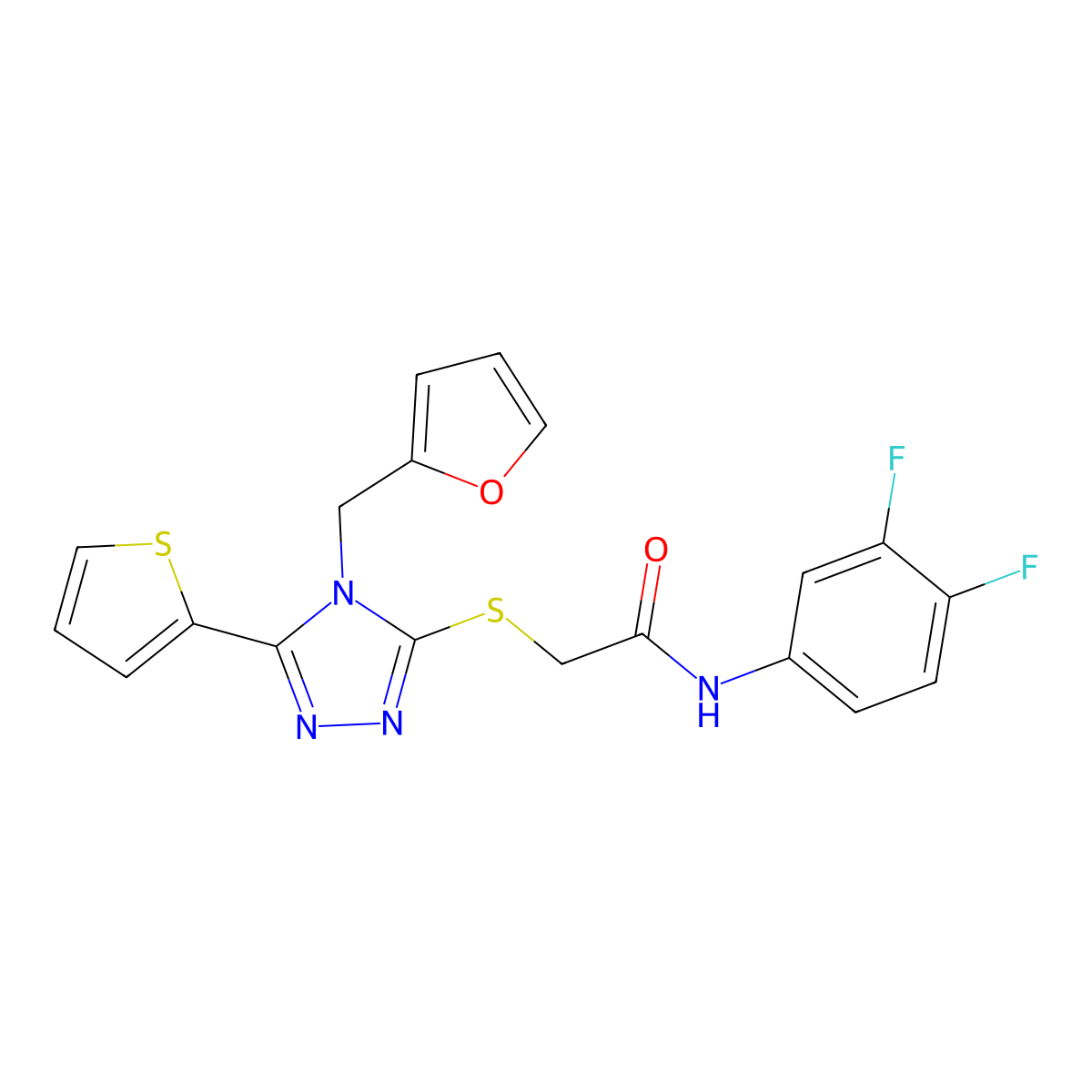 N-(3,4-difluorophenyl)-2-{[4-(furan-2-ylmethyl)-5-(thiophen-2-yl)-4H-1,2,4-triazol-3-yl]sulfanyl}acetamide molecular structure, CAS 678152-02-8