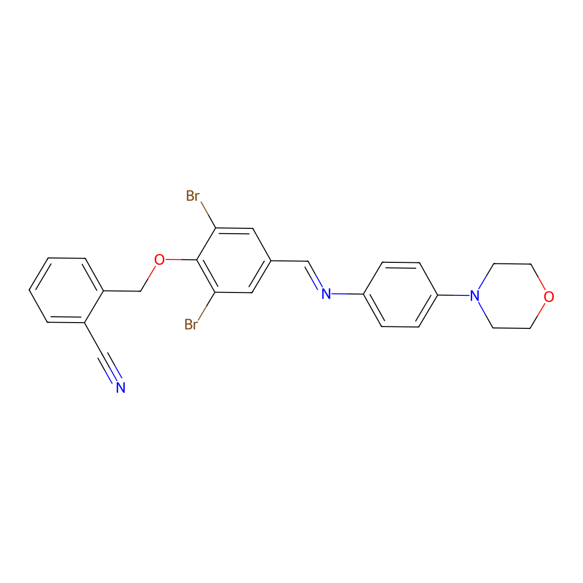2-({2,6-dibromo-4-[(E)-{[4-(morpholin-4-yl)phenyl]imino}methyl]phenoxy}methyl)benzonitrile molecular structure, CAS 678155-55-0