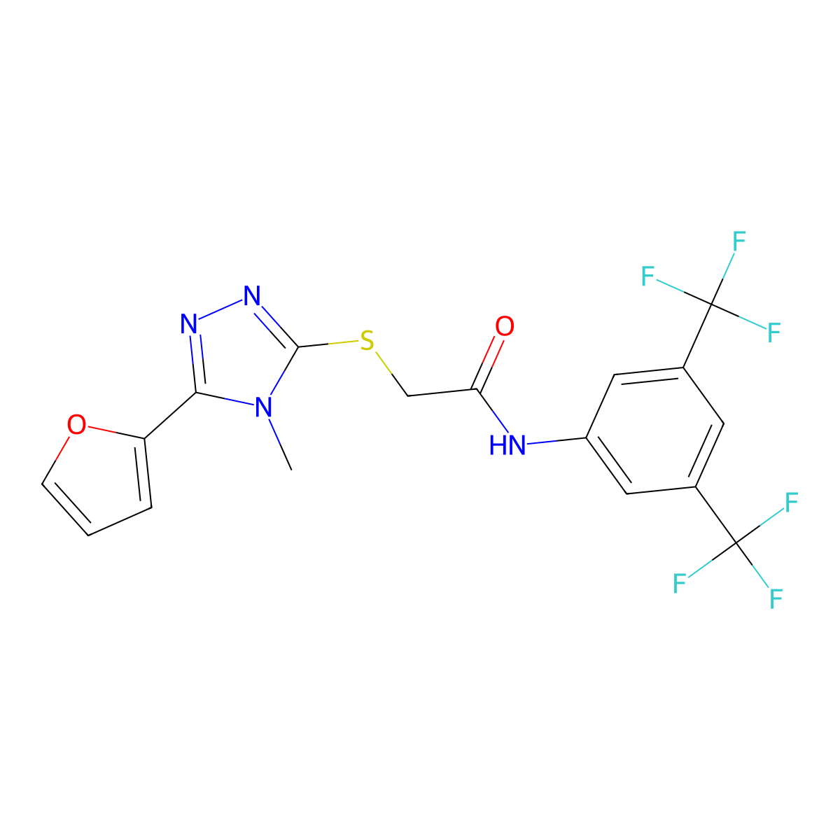N-[3,5-bis(trifluoromethyl)phenyl]-2-{[5-(furan-2-yl)-4-methyl-4H-1,2,4-triazol-3-yl]sulfanyl}acetamide molecular structure, CAS 678156-26-8