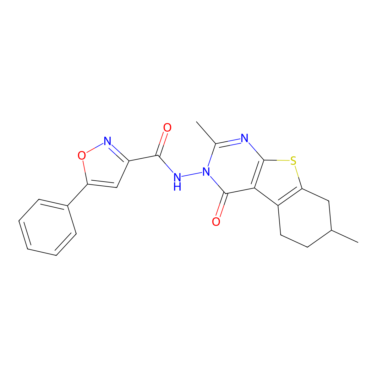 N-(2,7-dimethyl-4-oxo-5,6,7,8-tetrahydro[1]benzothieno[2,3-d]pyrimidin-3(4H)-yl)-5-phenyl-1,2-oxazole-3-carboxamide molecular structure, CAS 678157-08-9