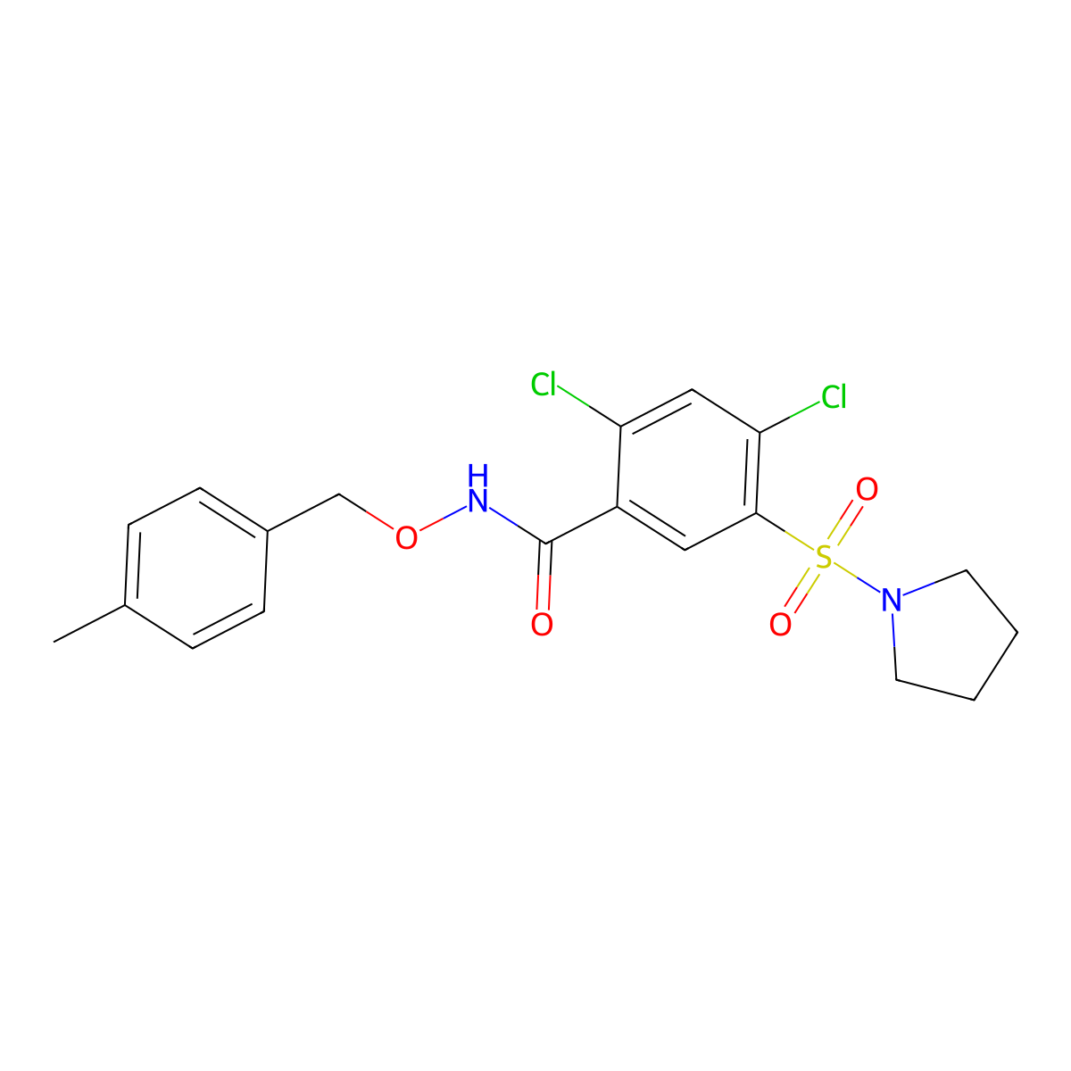 2,4-dichloro-N-[(4-methylphenyl)methoxy]-5-pyrrolidin-1-ylsulfonylbenzamide molecular structure, CAS 678157-63-6