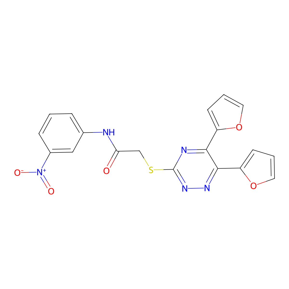 2-{[5,6-di(furan-2-yl)-1,2,4-triazin-3-yl]sulfanyl}-N-(3-nitrophenyl)acetamide molecular structure, CAS 678158-21-9