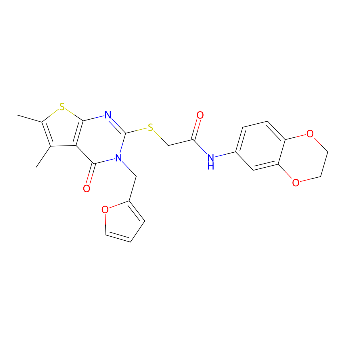 N-(2,3-dihydro-1,4-benzodioxin-6-yl)-2-{[3-(furan-2-ylmethyl)-5,6-dimethyl-4-oxo-3,4-dihydrothieno[2,3-d]pyrimidin-2-yl]sulfanyl}acetamide molecular structure, CAS 678158-46-8