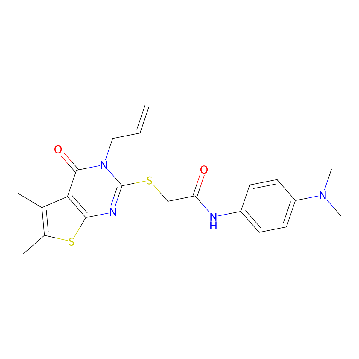 N-[4-(dimethylamino)phenyl]-2-(5,6-dimethyl-4-oxo-3-prop-2-enyl(3-hydrothiophe no[2,3-d]pyrimidin-2-ylthio))acetamide molecular structure, CAS 678167-04-9