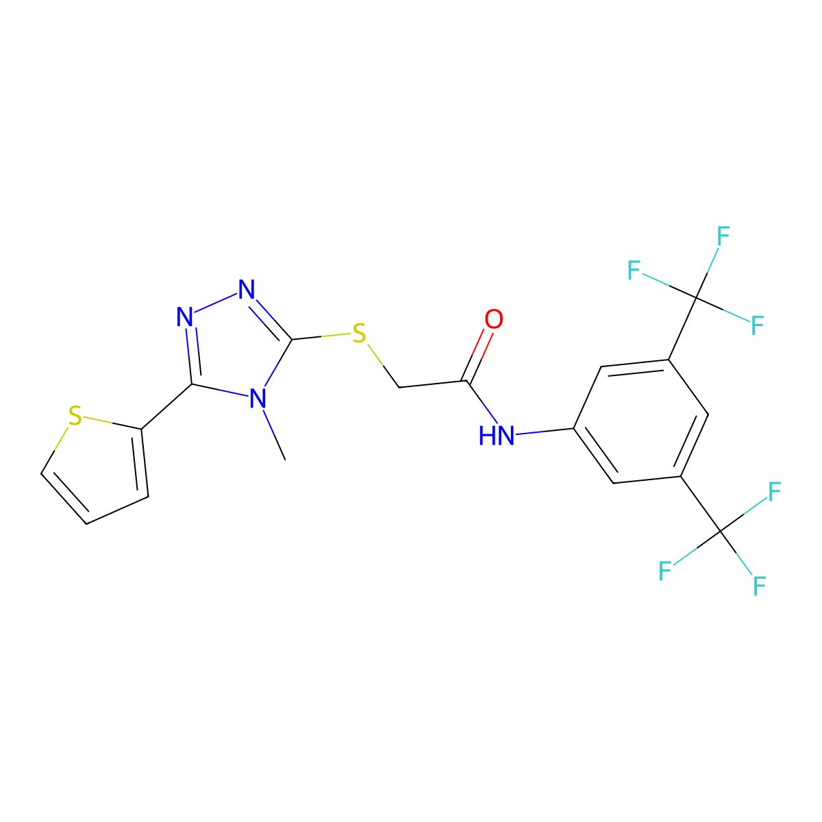 N-[3,5-bis(trifluoromethyl)phenyl]-2-{[4-methyl-5-(thiophen-2-yl)-4H-1,2,4-triazol-3-yl]sulfanyl}acetamide molecular structure, CAS 678167-81-2