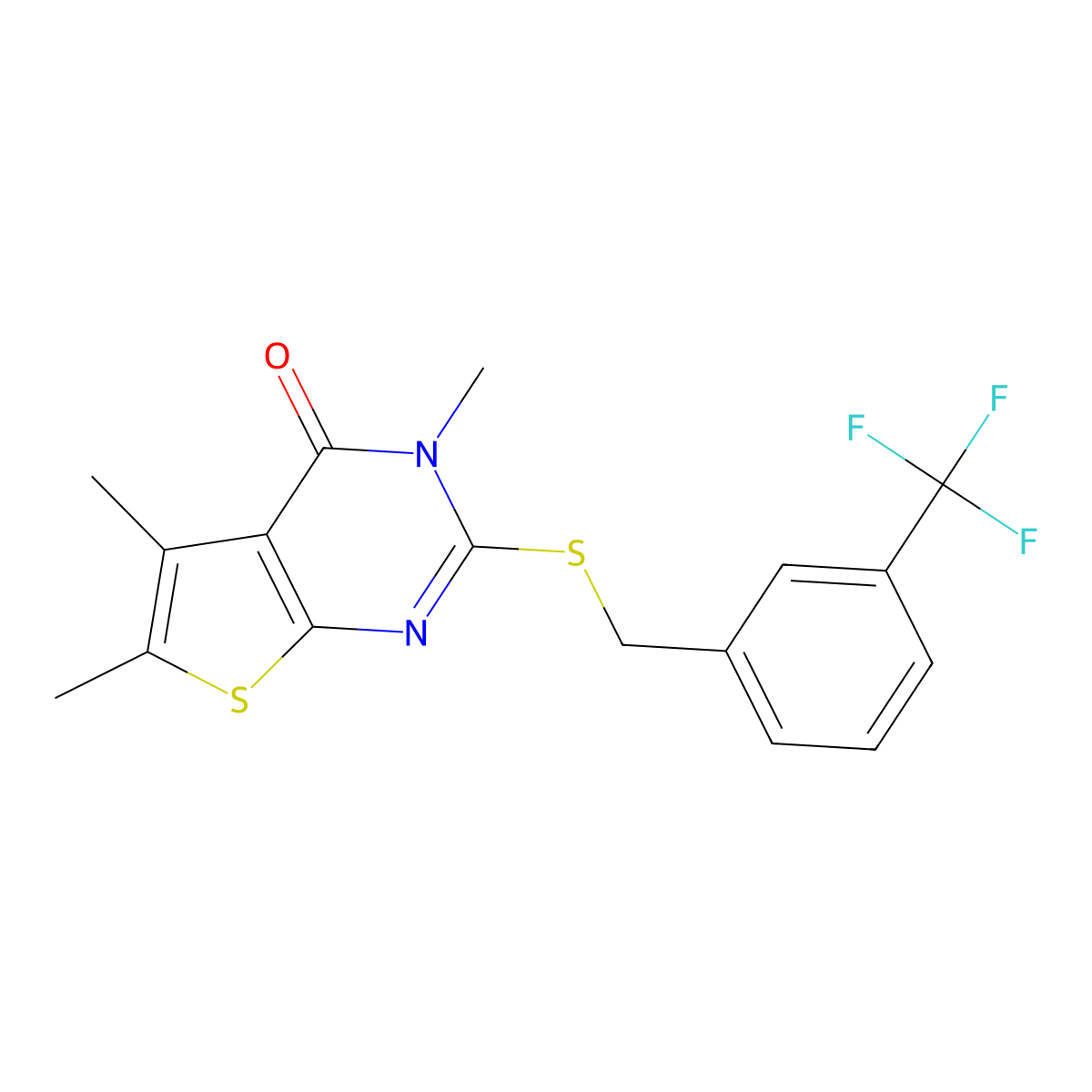 3,5,6-trimethyl-2-{[3-(trifluoromethyl)benzyl]sulfanyl}thieno[2,3-d]pyrimidin-4(3H)-one molecular structure, CAS 678167-83-4