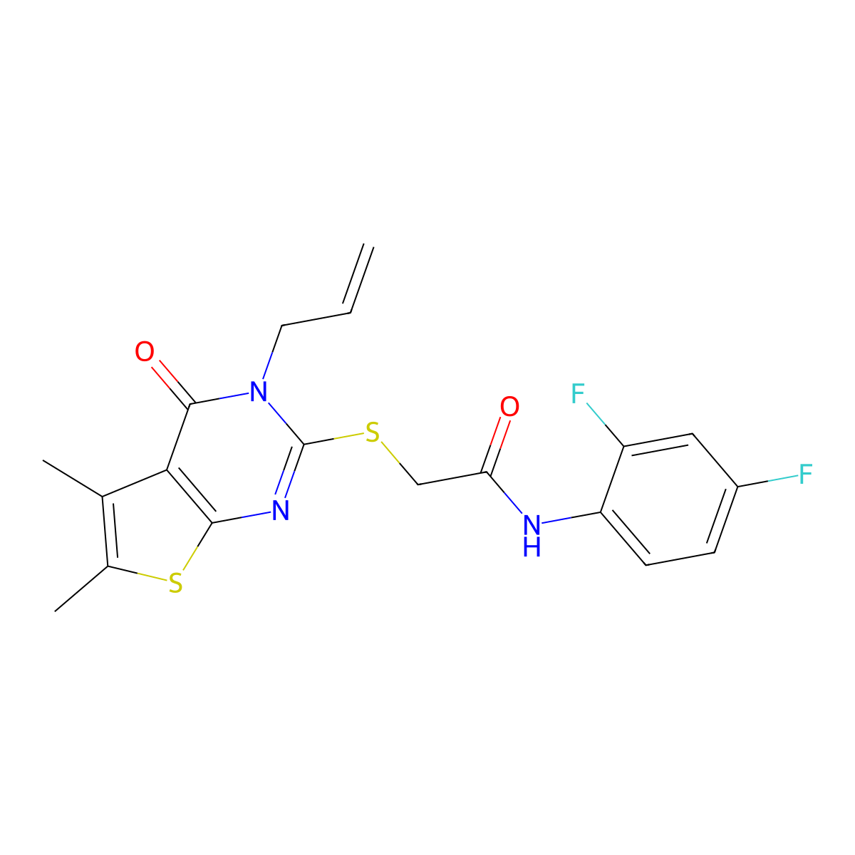 N-(2,4-difluorophenyl)-2-(5,6-dimethyl-4-oxo-3-prop-2-enyl(3-hydrothiopheno[2, 3-d]pyrimidin-2-ylthio))acetamide molecular structure, CAS 678182-30-4